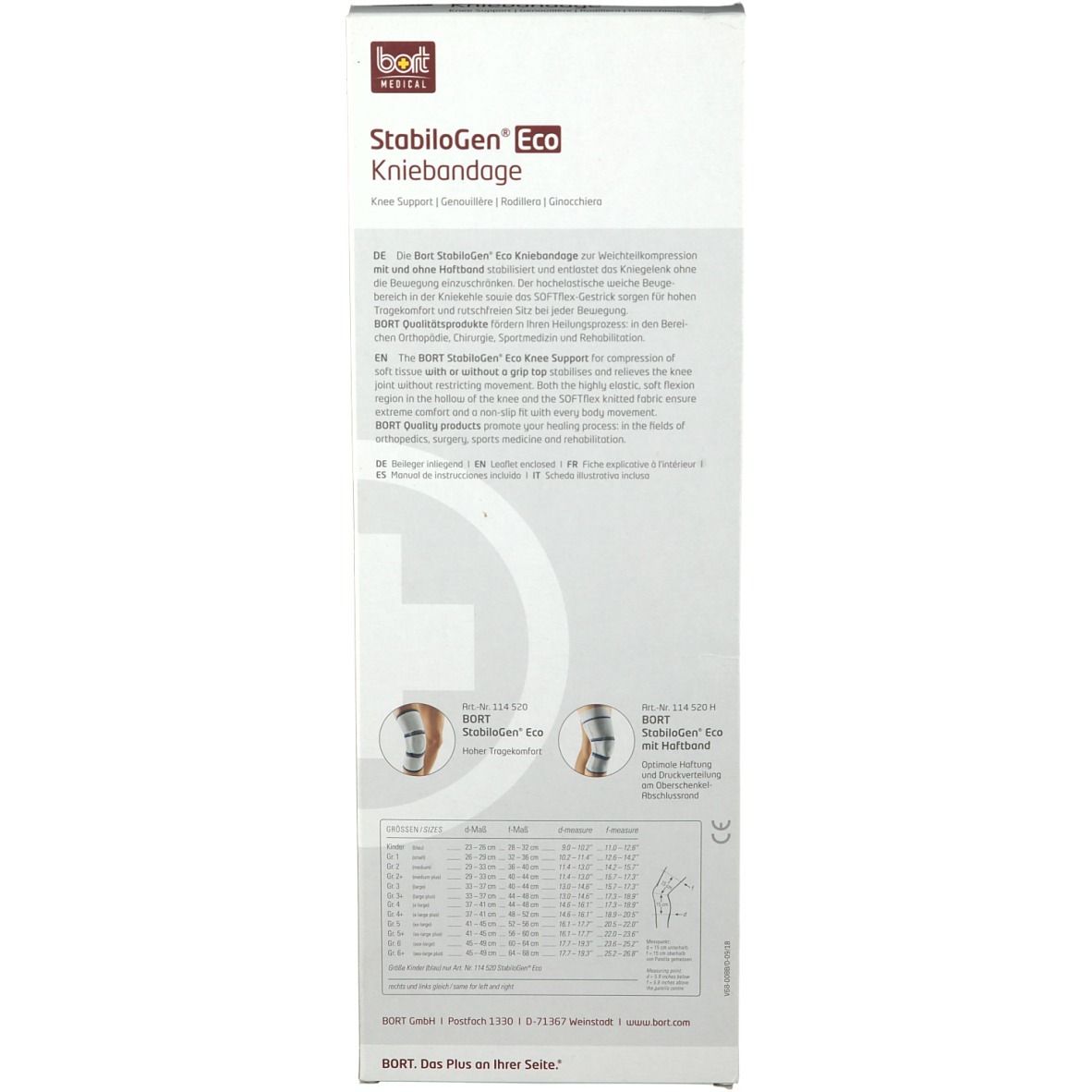 Verpackung der Kniebandage. Oben links Logo und Schriftzug BORT. Darunter Produktname: StabiloGen Eco Kniebandage.