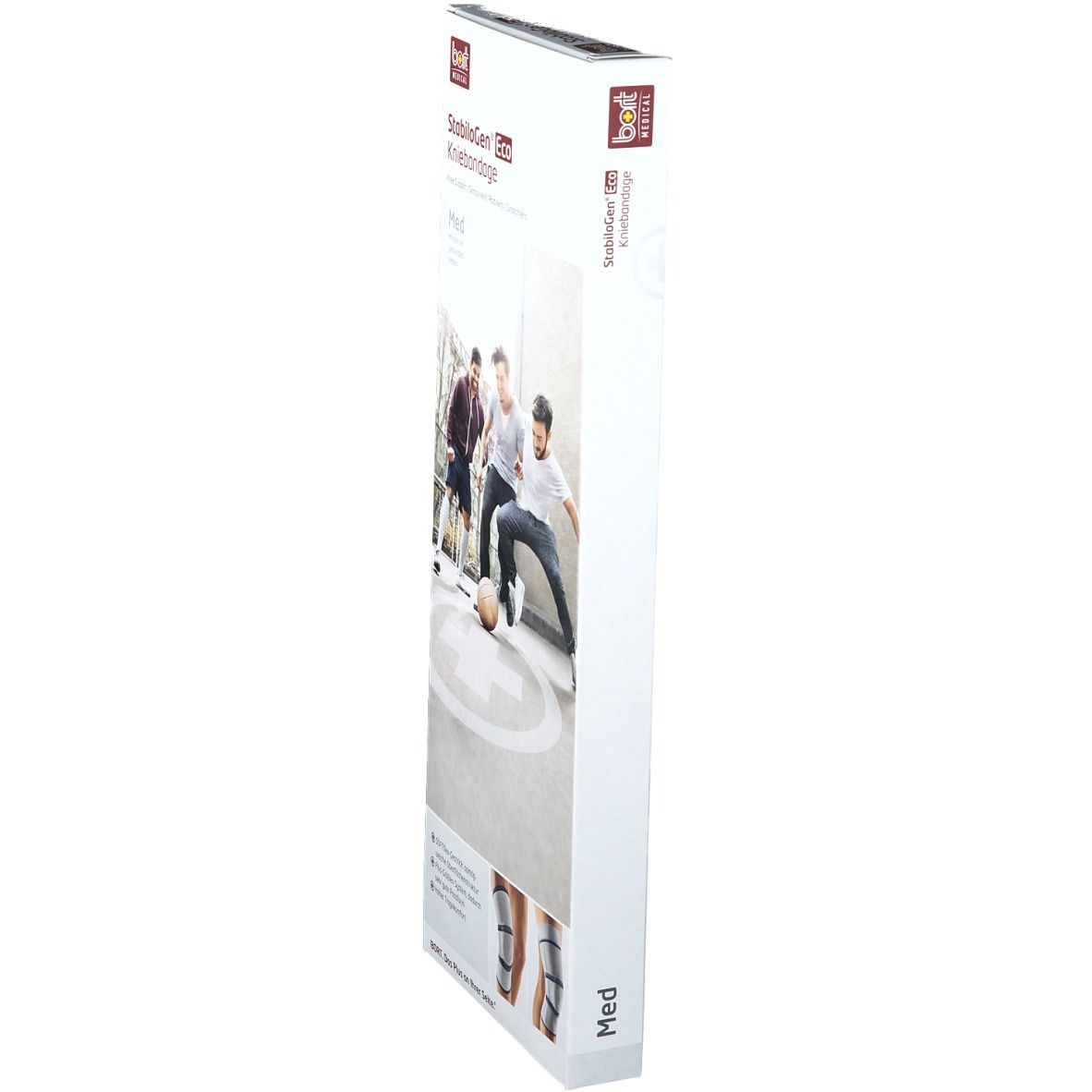 Kniebandage StabiloGen Eco in Verpackung. Aufdruck: Produktname, Abbildung der Bandage, spielende Männer. Seitenansicht.