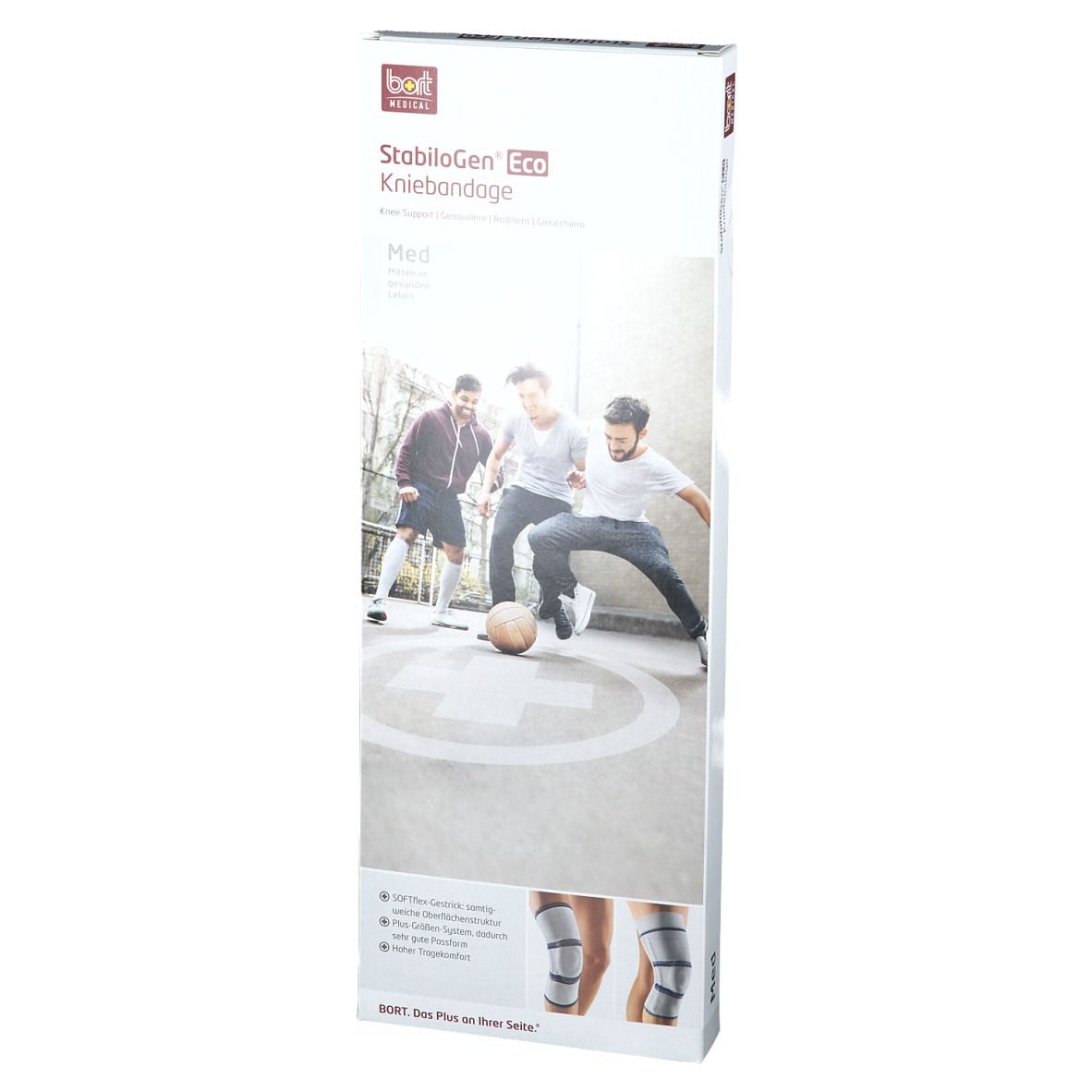 Verpackung der Kniebandage StabiloGen Eco. Aufdruck: Produktname, Abbildung der Bandage, spielende Männer.