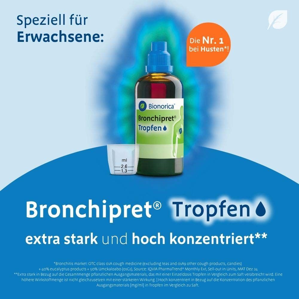Flasche und Messbecher von Bronchipret® Tropfen. Text: extra stark und hoch konzentriert.