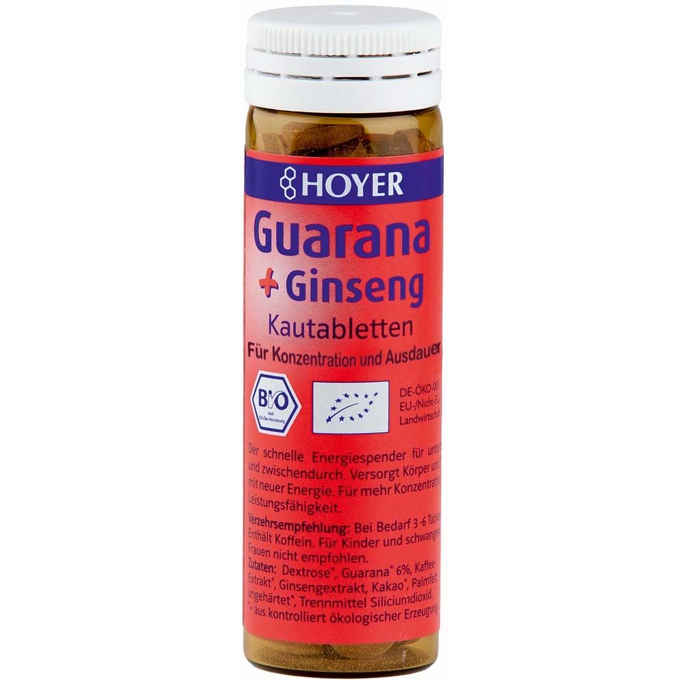 Flasche HOYER Guarana + Ginseng Kautabletten. Braune Tabletten im Inneren. Rotes Etikett mit weißem Deckel.