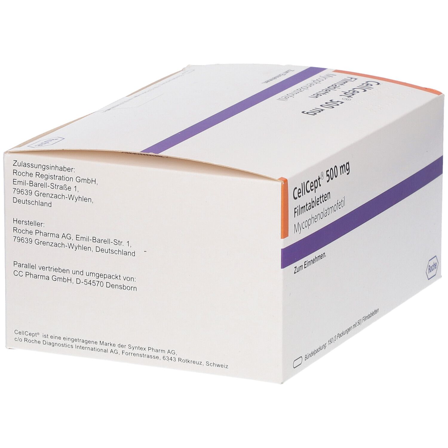 Weiße Faltschachtel mit CellCept 500 mg. Text: Filmtabletten, Mycophenolatmofetil, Zum Einnehmen. Herstellerinformationen.