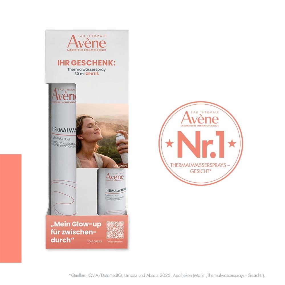 Geschenkpackung mit Avène Thermalwasser Spray. Enthält eine große und eine kleine Flasche. Text: Nr. 1 Thermalwassersprays-Gesicht.