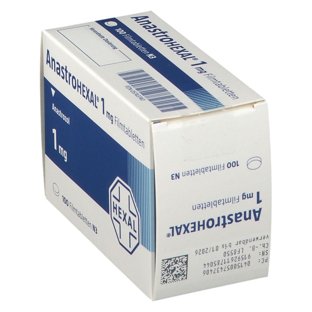 Anastrohexal 1 mg Filmtabletten-Packung, schräg. Weiße Schachtel mit blauer Fläche. Aufdruck: Anastrohexal, 1 mg, Hexal-Logo.