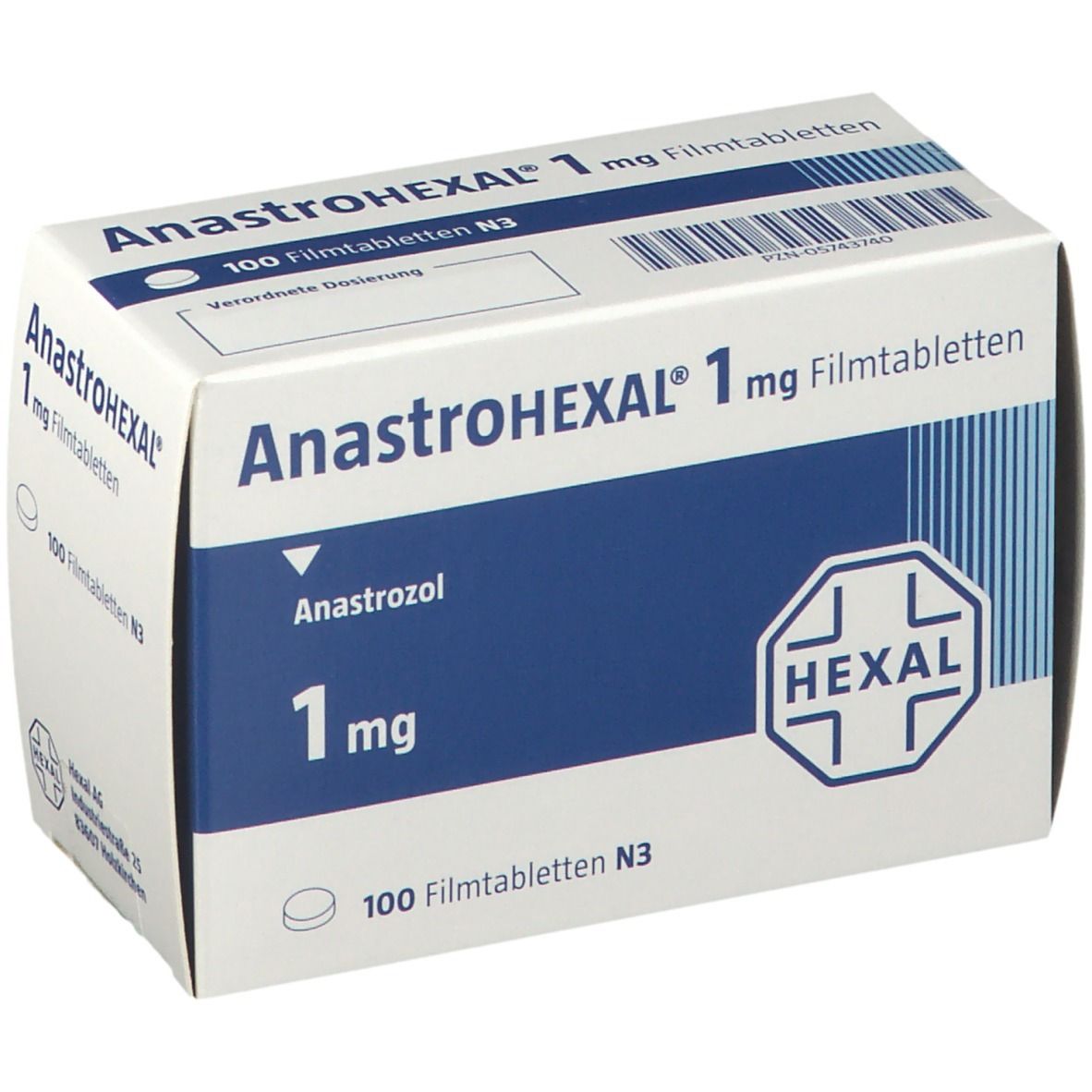 Anastrohexal 1 mg Filmtabletten-Packung. Weiße Schachtel mit blauer Fläche. Aufdruck: Anastrohexal, 1 mg, Hexal-Logo.