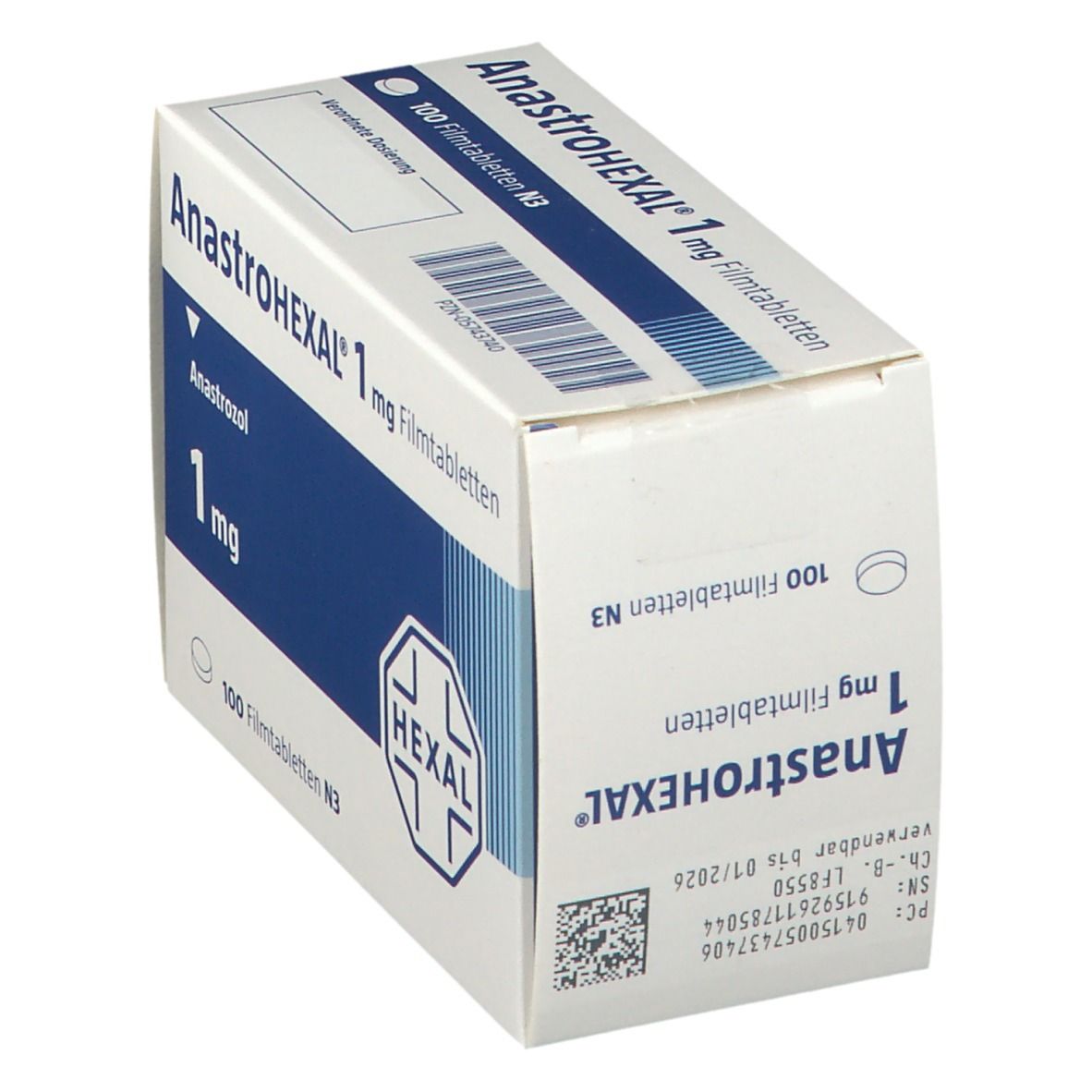 Anastrohexal 1 mg Filmtabletten-Packung, schräg. Weiße Schachtel mit blauer Fläche. Aufdruck: Anastrohexal, 1 mg, Hexal-Logo.