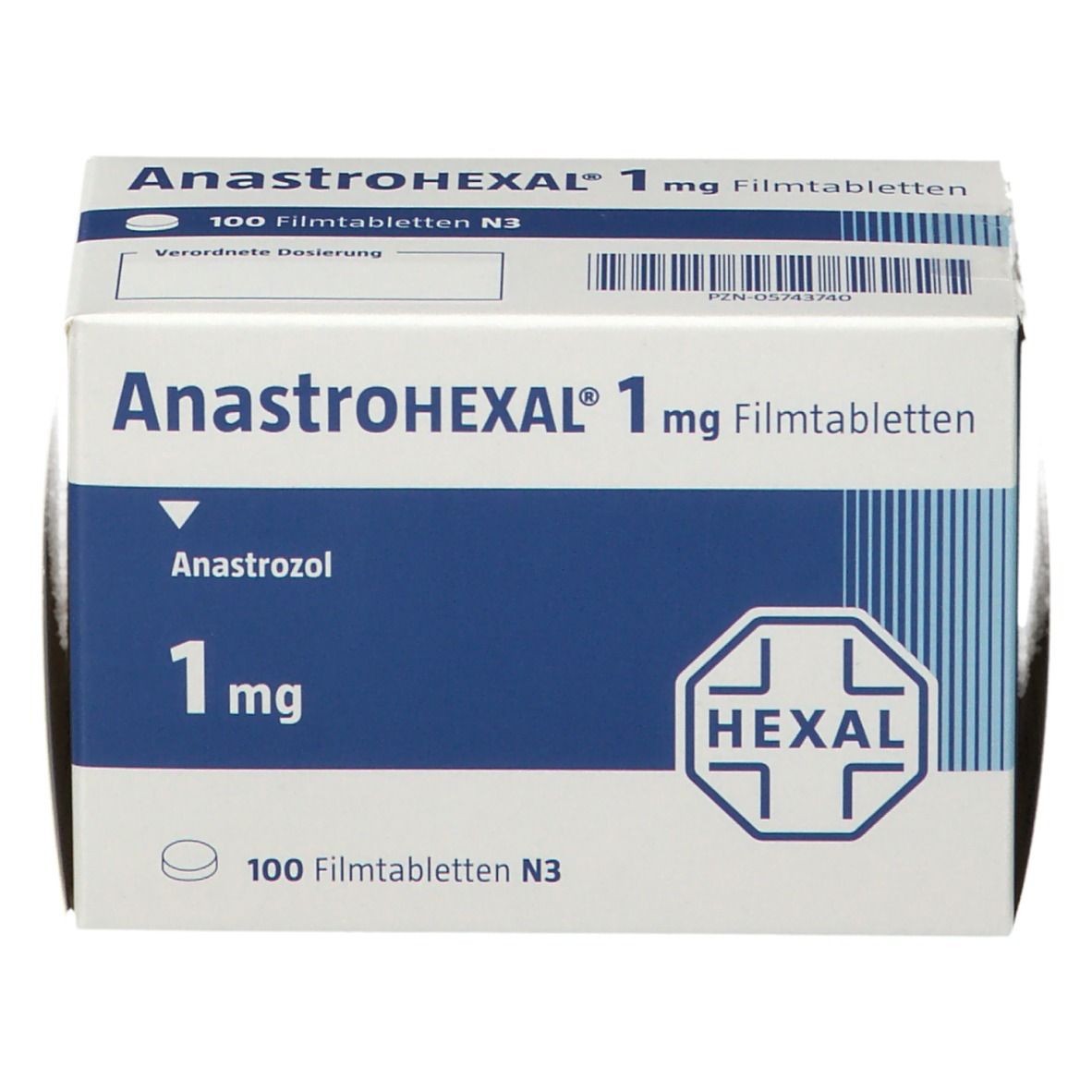 Anastrohexal 1 mg Filmtabletten-Packung. Weiße Schachtel mit blauer Fläche. Aufdruck: Anastrohexal, 1 mg, Hexal-Logo.