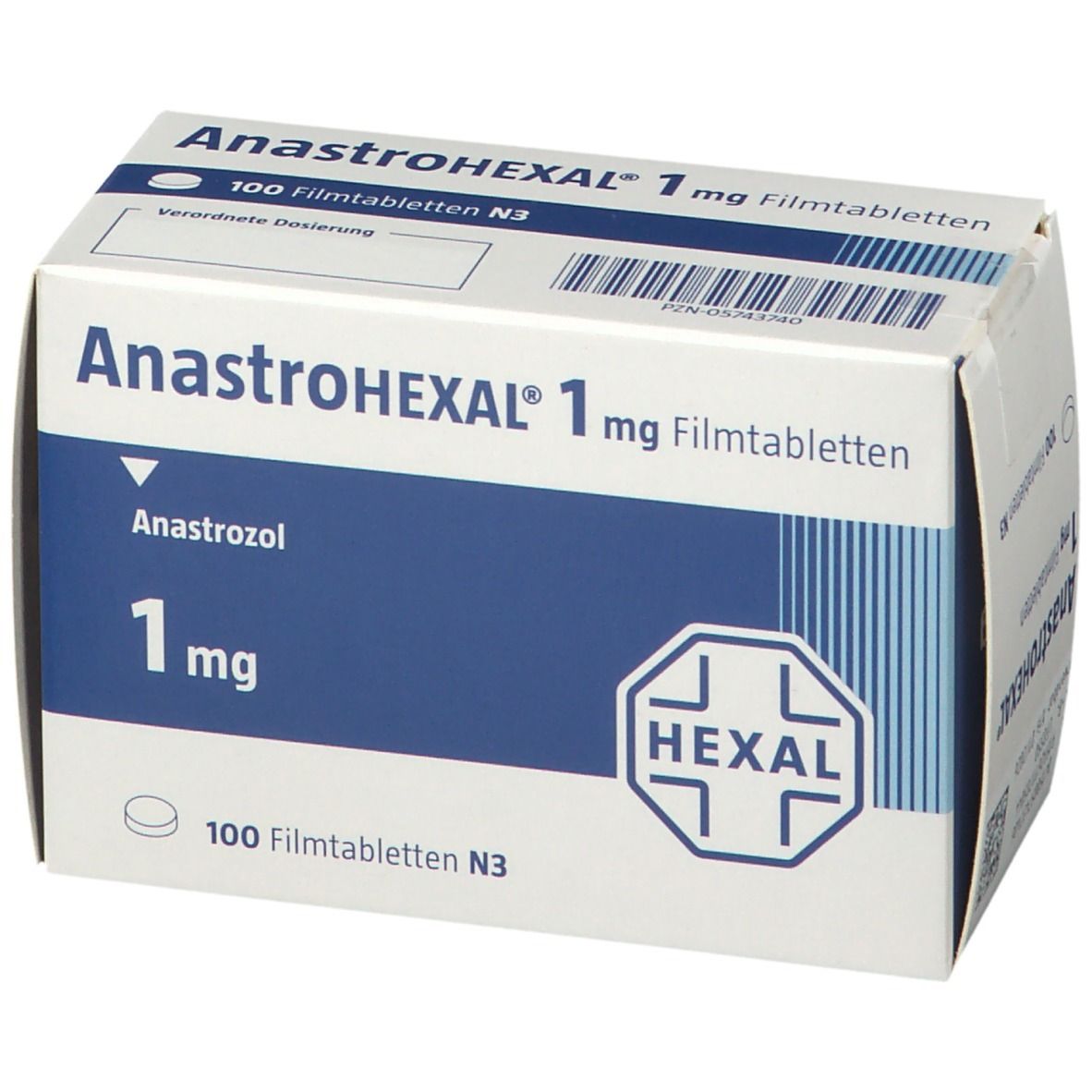 Anastrohexal 1 mg Filmtabletten-Packung, schräg. Weiße Schachtel mit blauer Fläche. Aufdruck: Anastrohexal, 1 mg, Hexal-Logo.