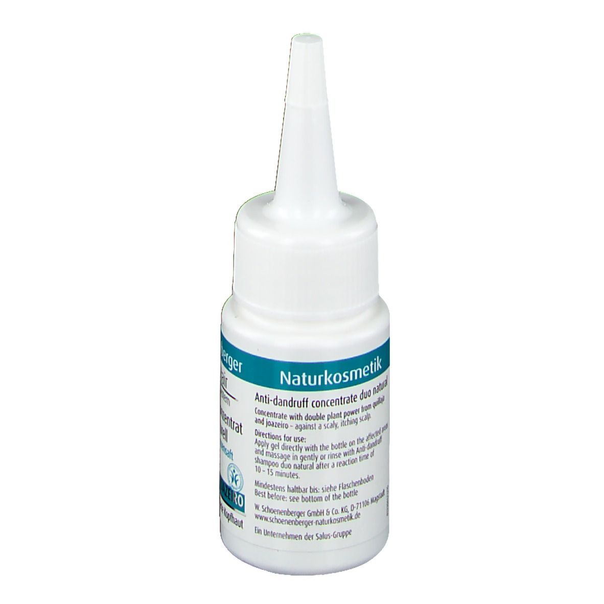 Weiße Flasche mit spitzem Applikator. Beschriftung: Naturkosmetik, Anti-Schuppen Konzentrat. Text in Deutsch.