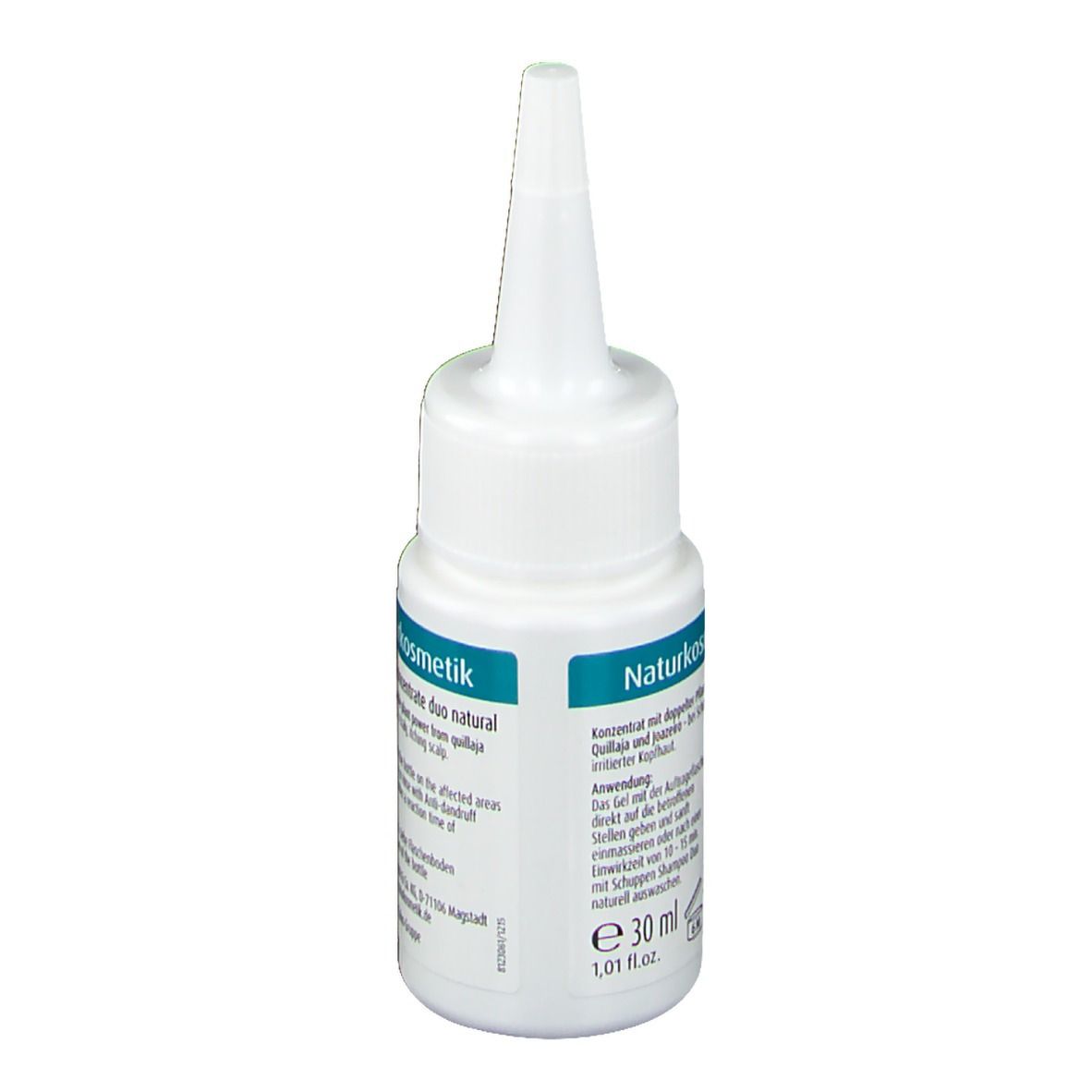 Weiße Flasche mit spitzem Applikator. Beschriftung: Naturkosmetik, Konzentrat mit Pflanzenkraft. Text in Deutsch.