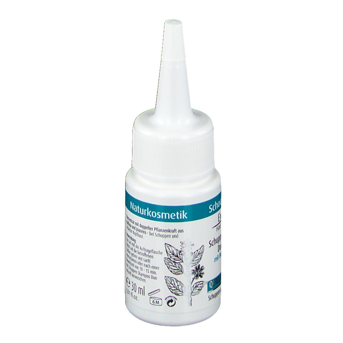 Weiße Flasche mit spitzem Applikator. Beschriftung: Schuppen Konzentrat, 30 ml. Illustration von Blättern und Blüten.
