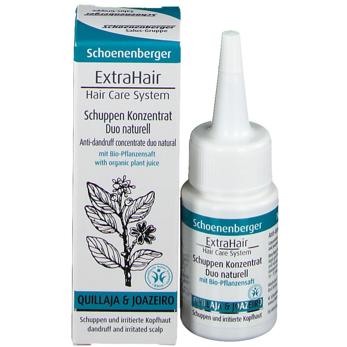 Produktflasche und Verpackung. Flasche: weiß, spitzer Applikator. Verpackung: blau-weiß, Text: ExtraHair, Schuppen Konzentrat.