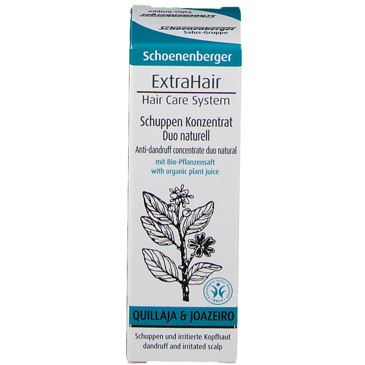 Blaue und weiße Produktverpackung. Text: ExtraHair, Schuppen Konzentrat. Logo mit Blättern und Blüten. Text in Deutsch.