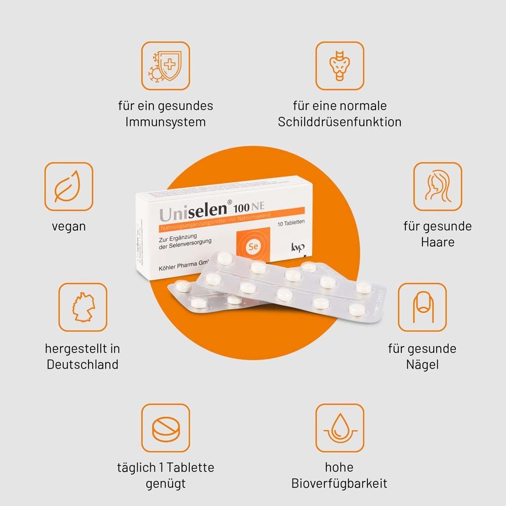 Produktabbildung mit Icons. Uniselen® 100 NE, 10 Tabletten. Icons für Vorteile und Eigenschaften.