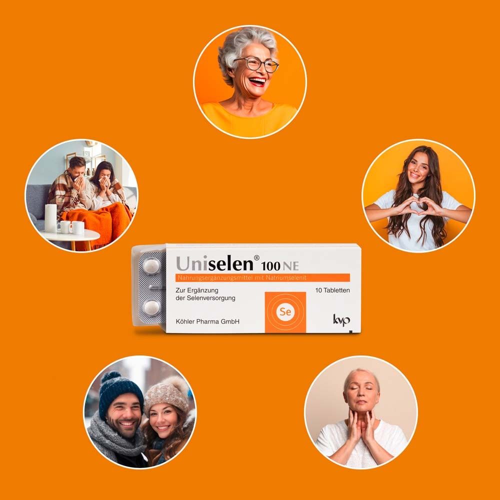 Produktabbildung mit Menschen. Uniselen® 100 NE, 10 Tabletten. Vorteile und Zielgruppen.