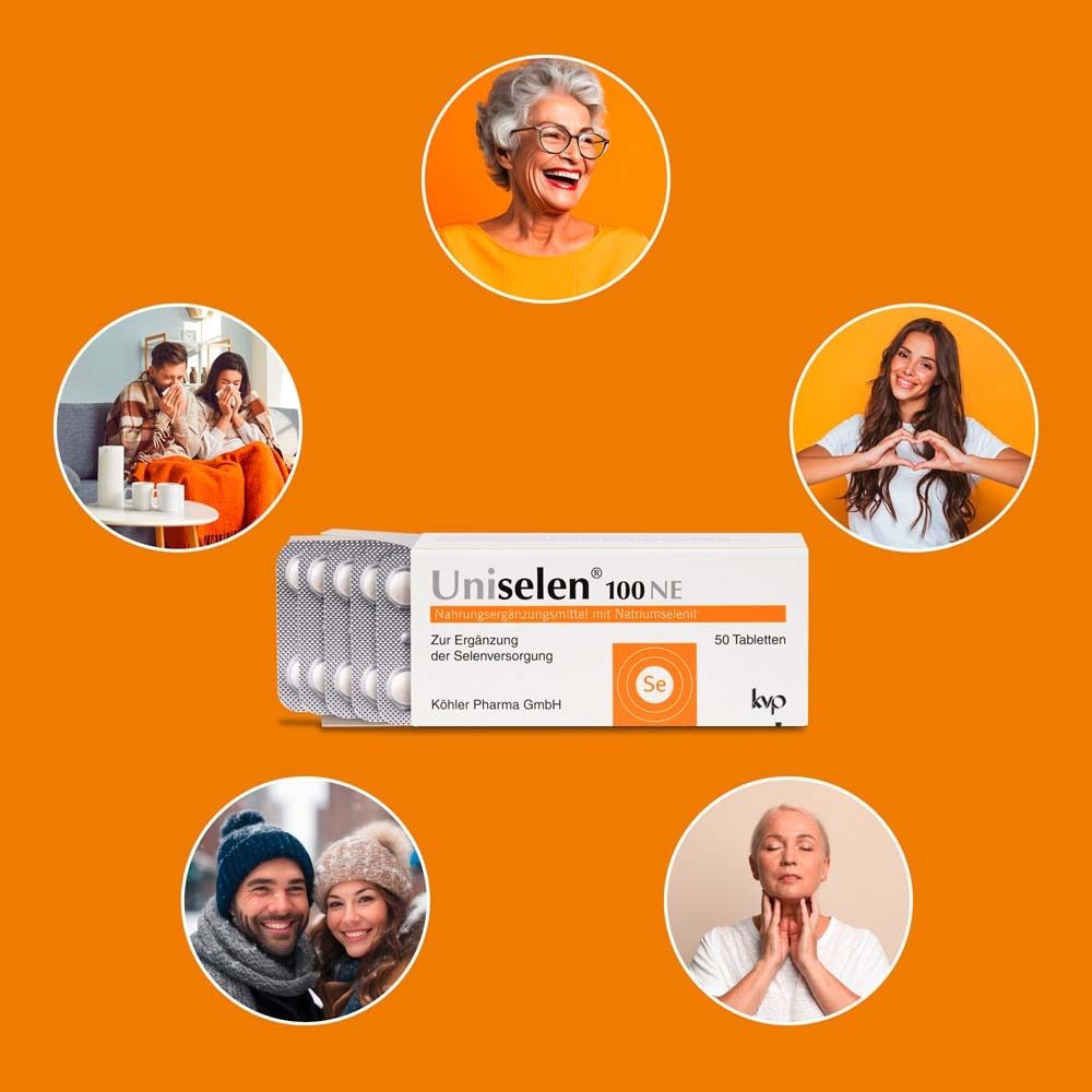 Kreisförmige Darstellung mit Uniselen® 100 NE und Personen. Themen: Gesundheit, Wohlbefinden.