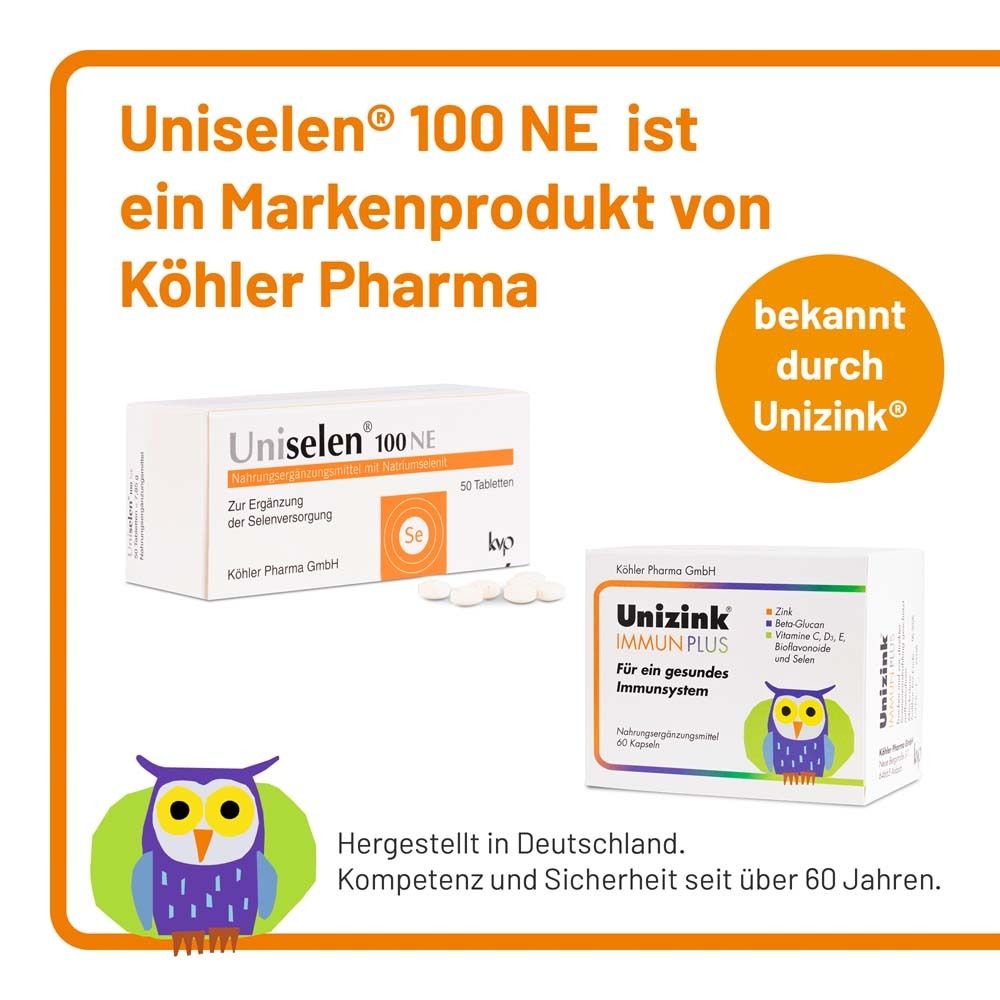 Uniselen® 100 NE und Unizink® Immun Plus. Text: Markenprodukt von Köhler Pharma. Hergestellt in Deutschland.