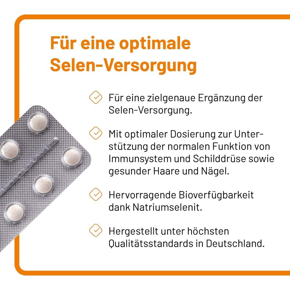 Blisterpackung mit Tabletten. Text: Für eine optimale Selen-Versorgung. Vorteile: Dosierung, Immunsystem, Haare, Nägel.