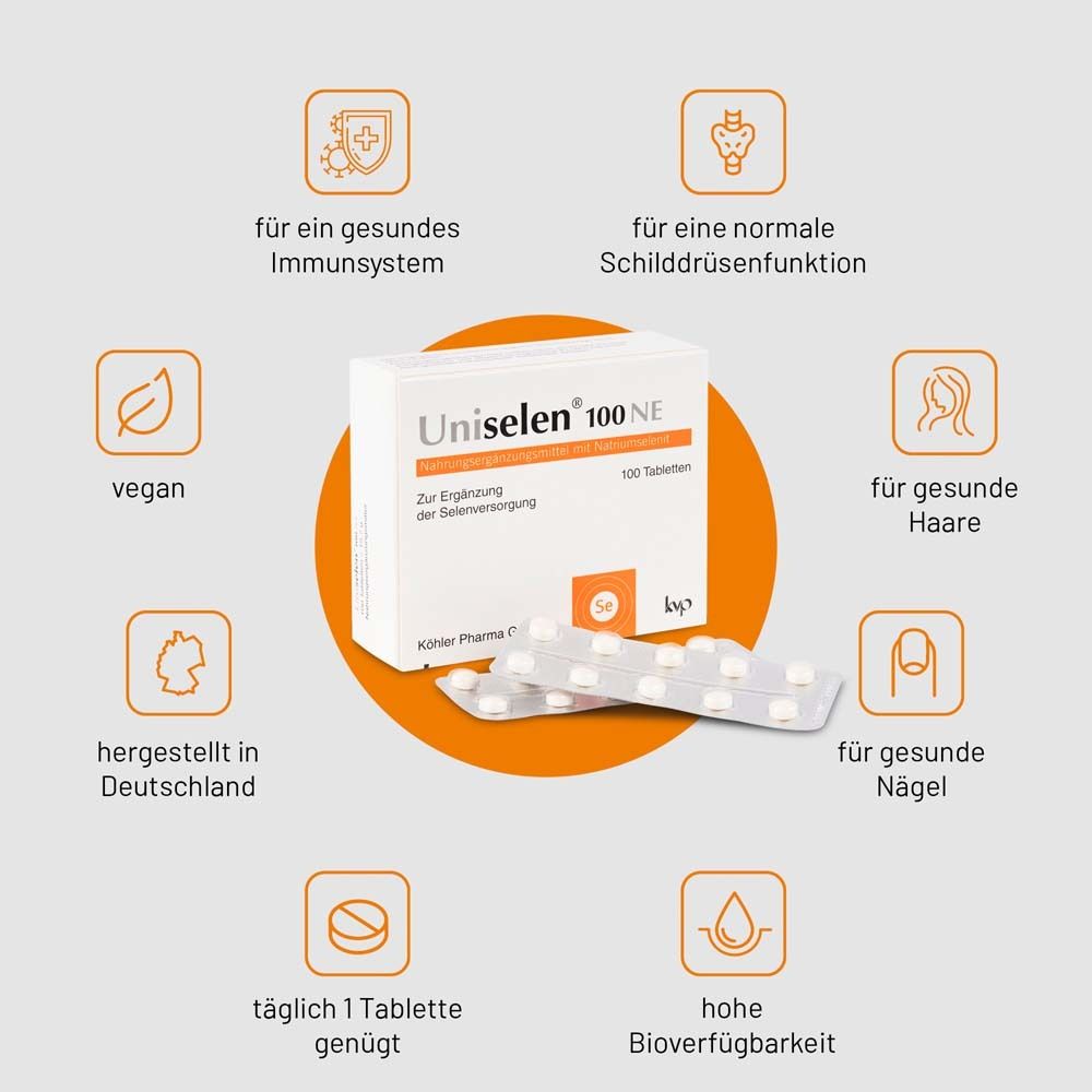 Produktabbildung mit Icons. Uniselen® 100 NE, 100 Tabletten. Icons: Immunsystem, Schilddrüse, vegan, Haare, Nägel, etc.