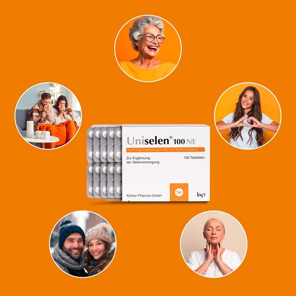 Produktabbildung mit Menschen. Uniselen® 100 NE, 100 Tabletten. Menschen: Familie, junge Frau, ältere Frau, etc.