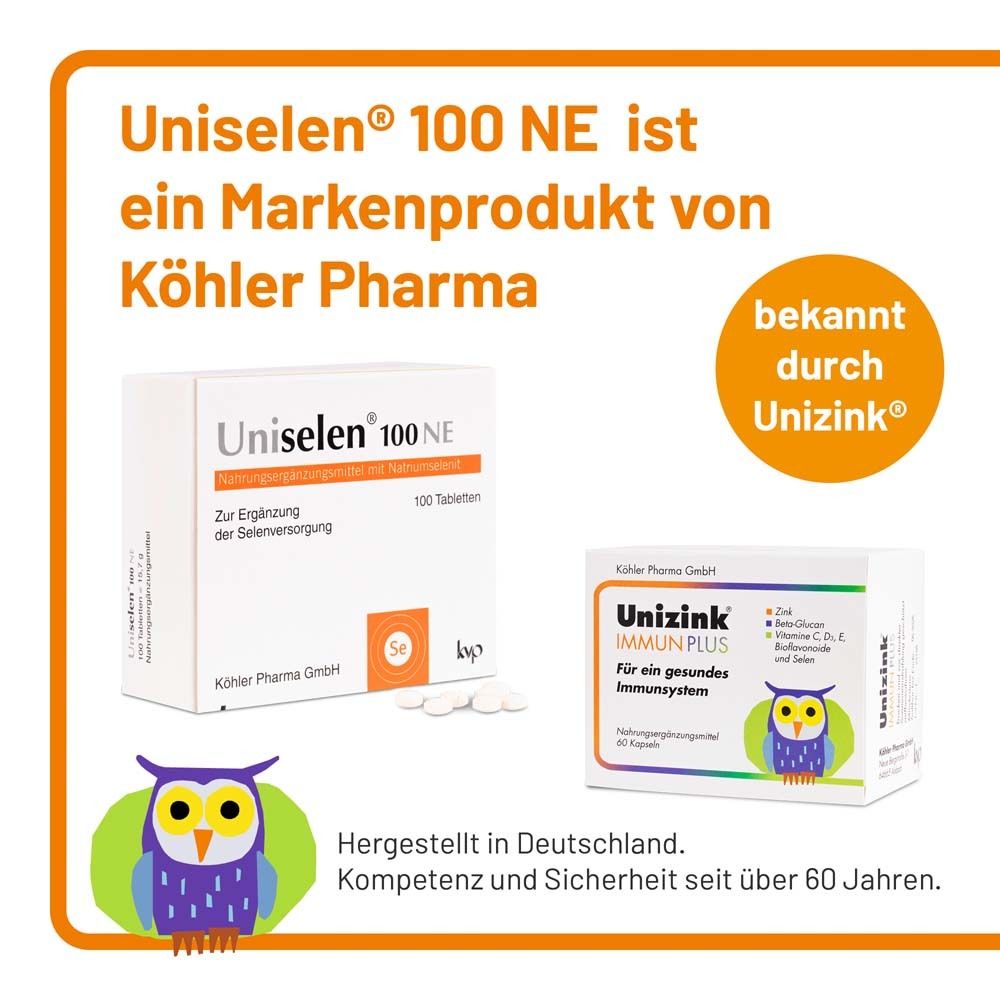 Uniselen® 100 NE und Unizink® Immun Plus. Beide Produkte von Köhler Pharma. Text: Kompetenz und Sicherheit seit über 60 Jahren.