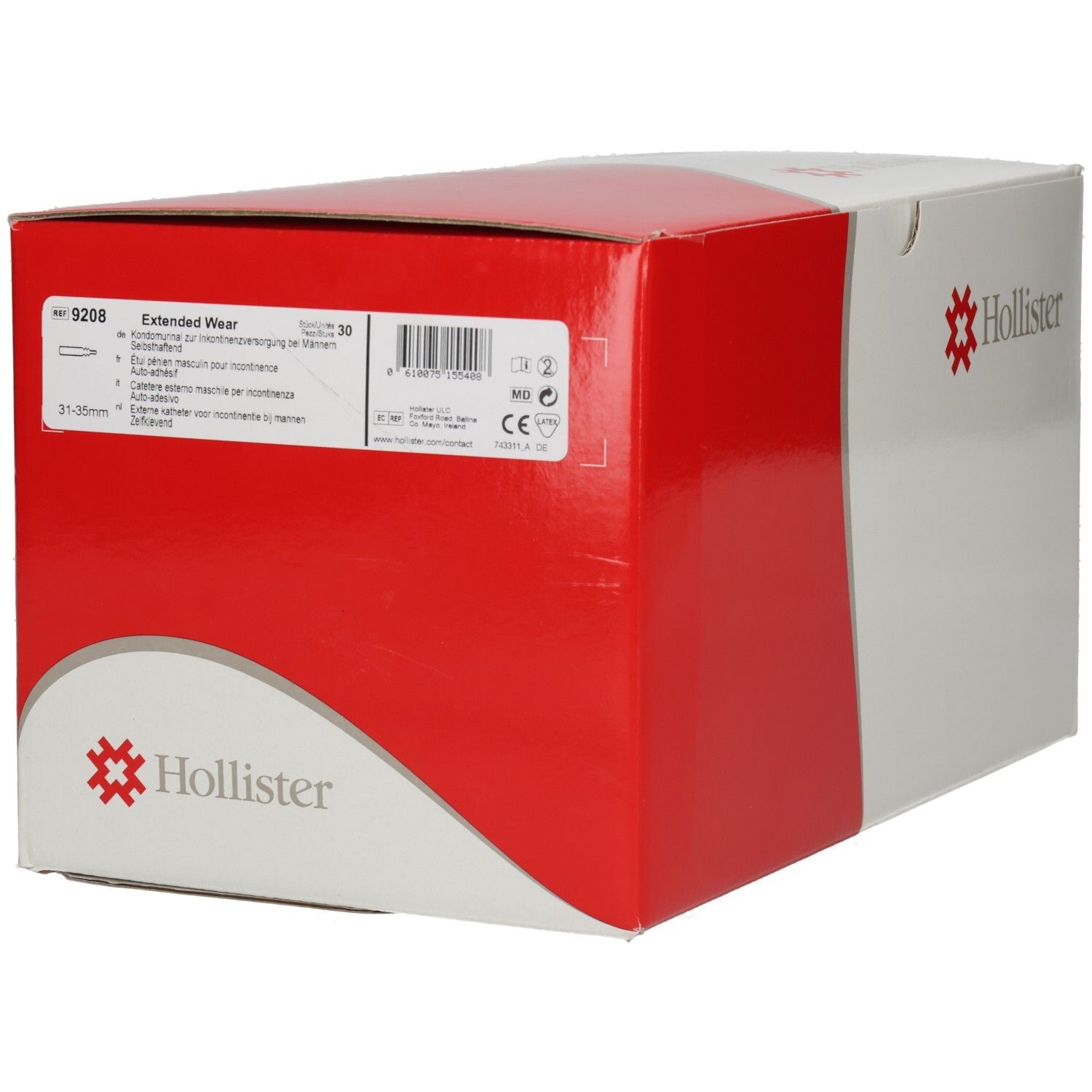 Hollister Karton mit Etikett. Zeigt Produktnummer 9208, Größe 31-35mm und CE-Kennzeichnung.