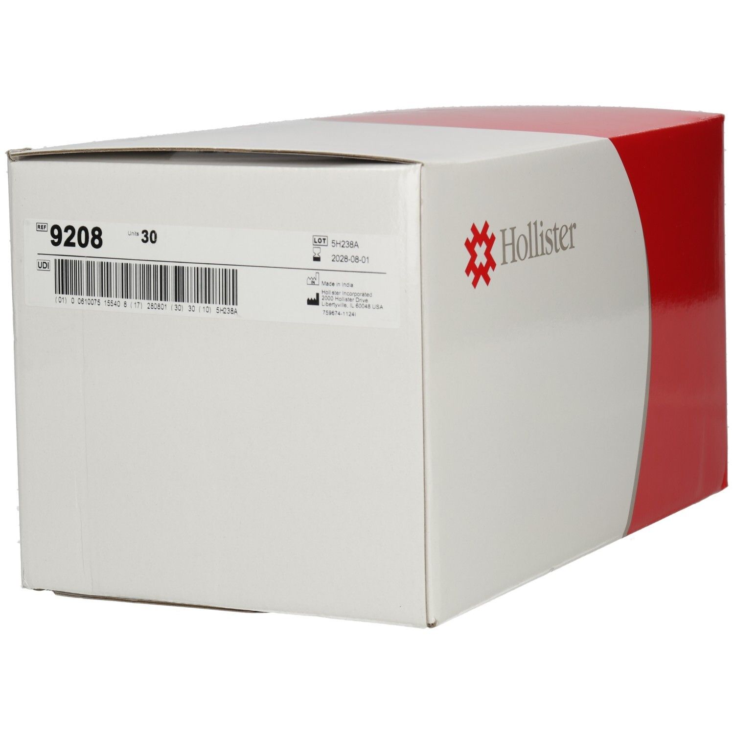 Hollister Karton mit Etikett. Zeigt Produktnummer 9208, 30 Stück, Größe 31-35mm und CE-Kennzeichnung.