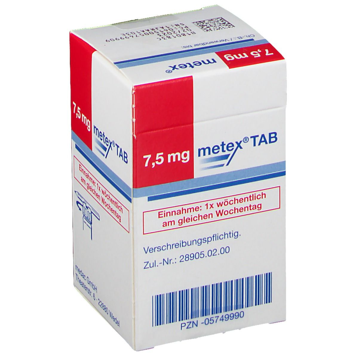 Weiße Faltschachtel mit roter und blauer Beschriftung. Aufschrift: metex® 7,5 mg TAB. Verschreibungspflichtig.