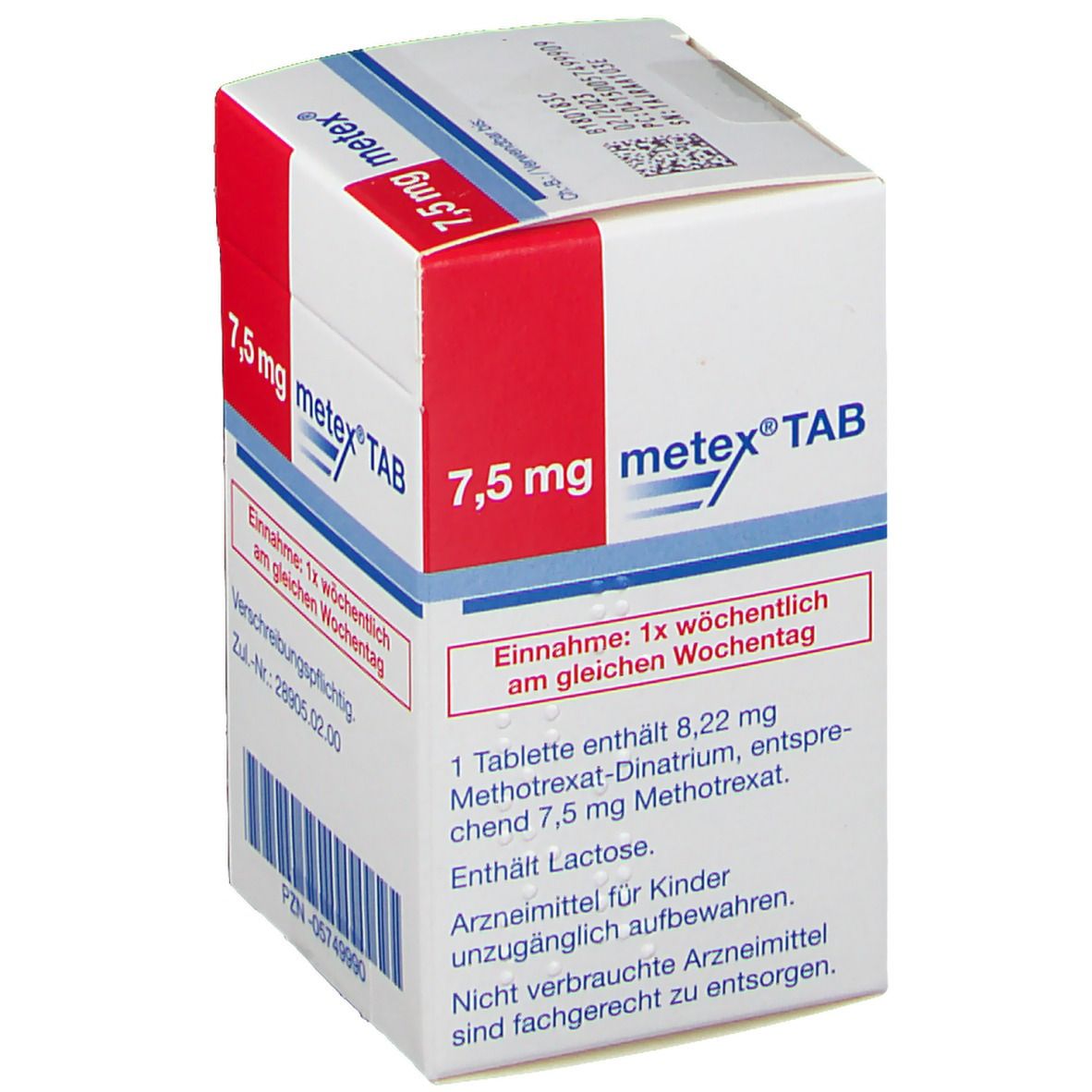 Weiße Faltschachtel mit roter und blauer Beschriftung. Aufschrift: metex® 7,5 mg TAB. Enthält 12 Tabletten. N1. Inhaltsangabe.