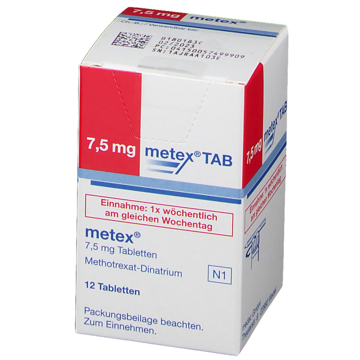 Weiße Faltschachtel mit roter und blauer Beschriftung. Aufschrift: metex® 7,5 mg TAB. Enthält 12 Tabletten. N1.