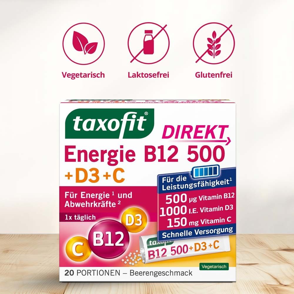 Verpackung von taxofit Energie B12 500+D3+C Direkt. Vegetarisch, laktosefrei, glutenfrei. 20 Portionen.