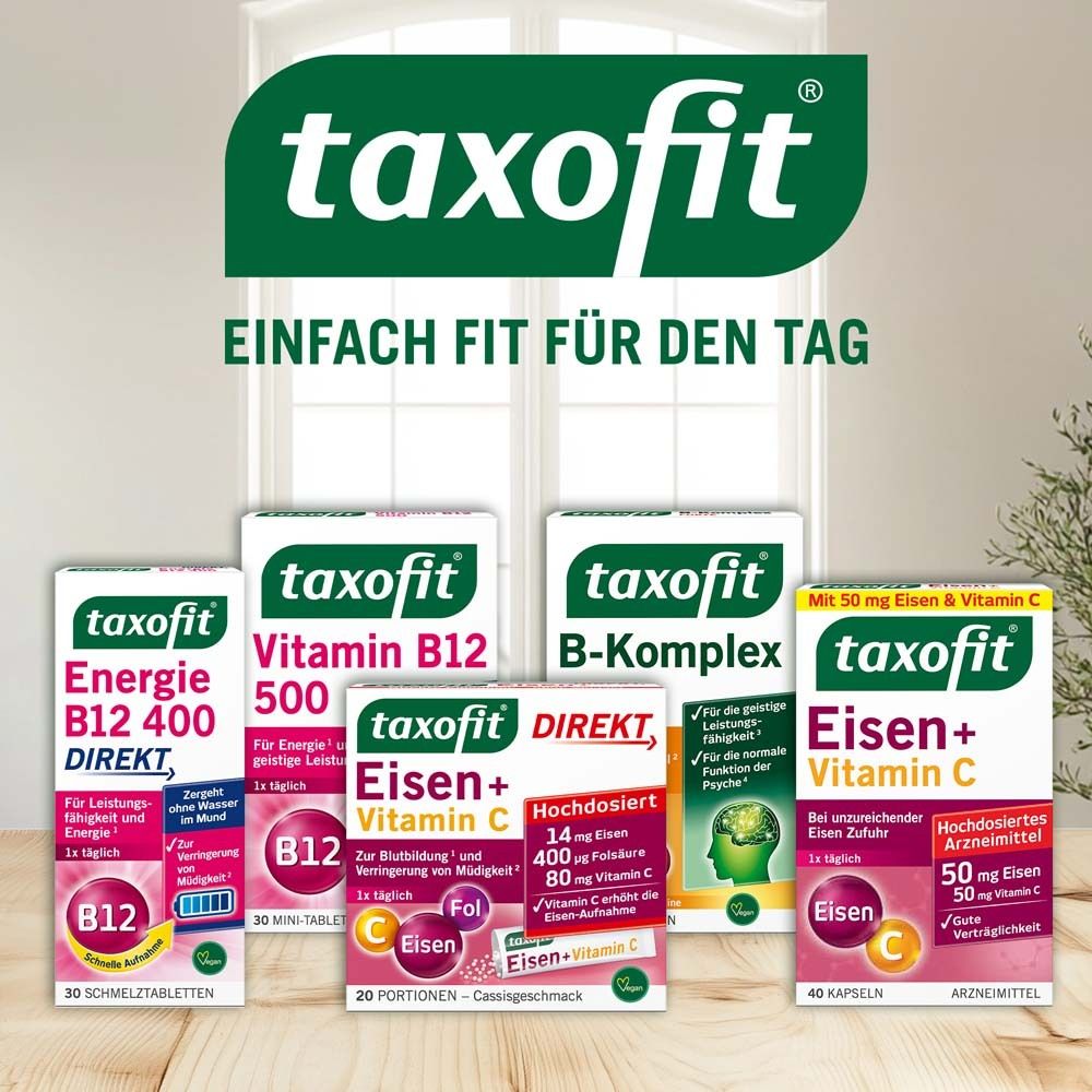 Verschiedene taxofit Produkte. Energie B12, Vitamin B12, B-Komplex, Eisen+Vitamin C. Einfach fit für den Tag.