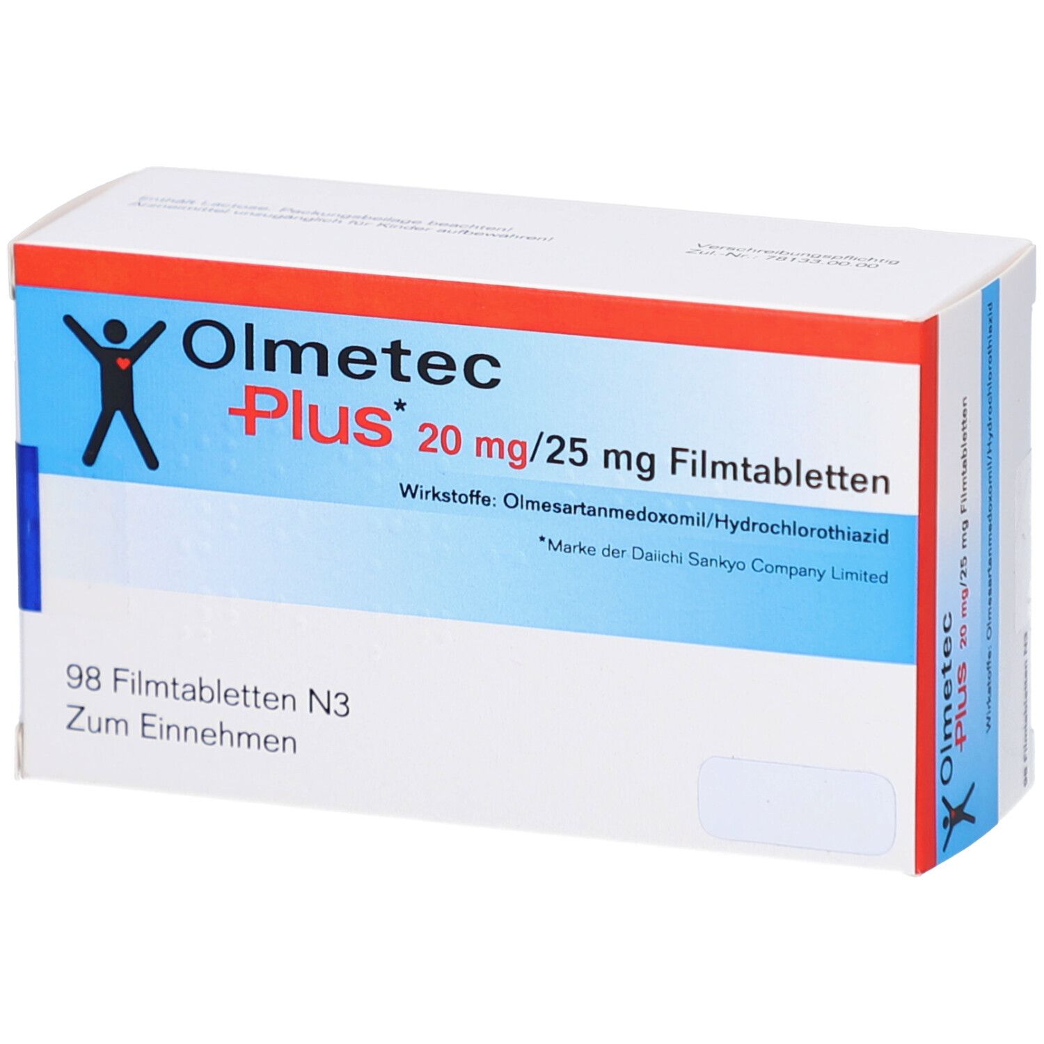 Schachtel mit OLMETEC Plus 20 mg/25 mg Filmtabletten. Aufschrift: 98 Filmtabletten N3. Wirkstoffe: Olmesartanmedoxomil/Hydrochlorothiazid.