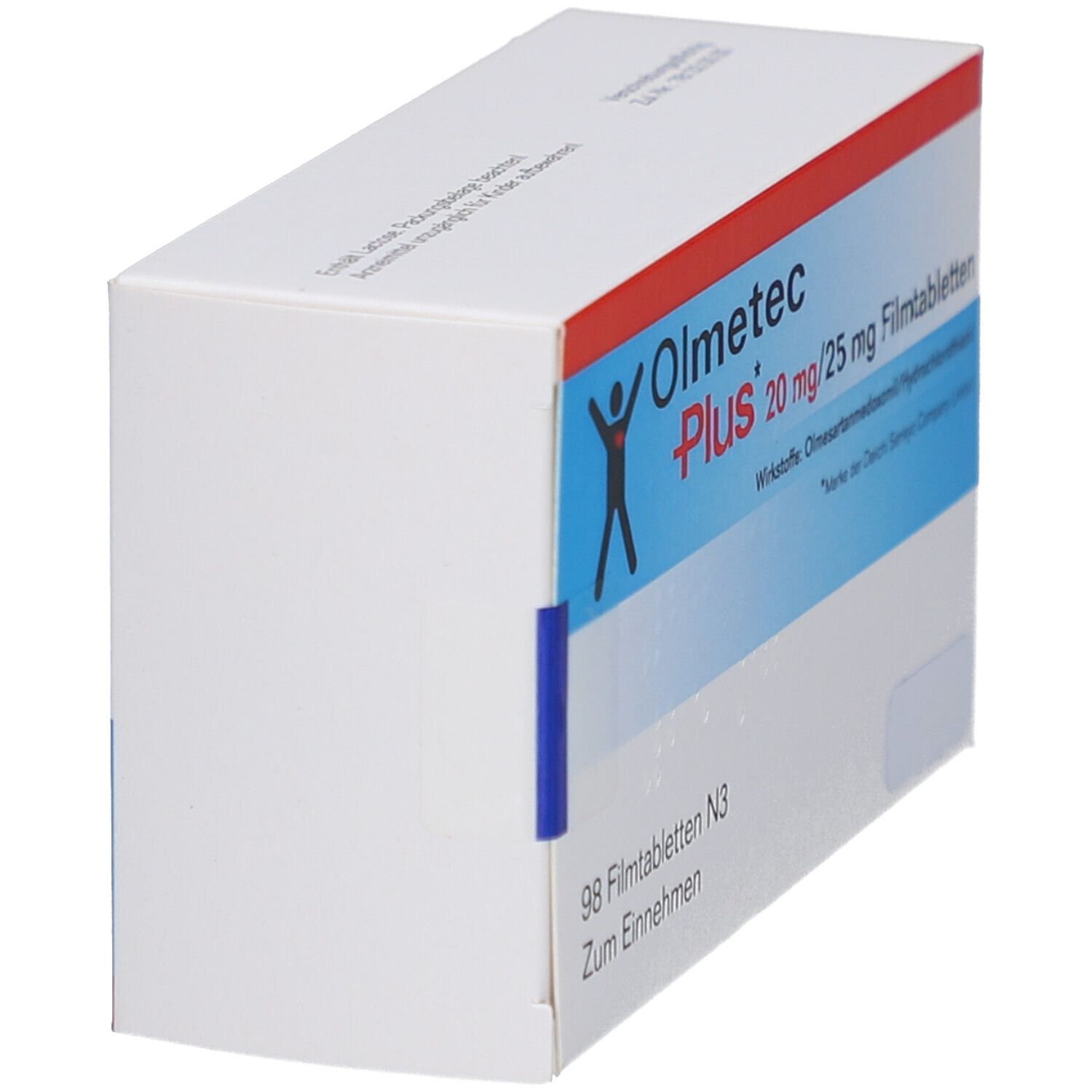 Weiße Schachtel mit rotem und blauem Streifen. Aufschrift: OLMETEC Plus 20 mg/25 mg Filmtabletten. 98 Filmtabletten N3. Zum Einnehmen.