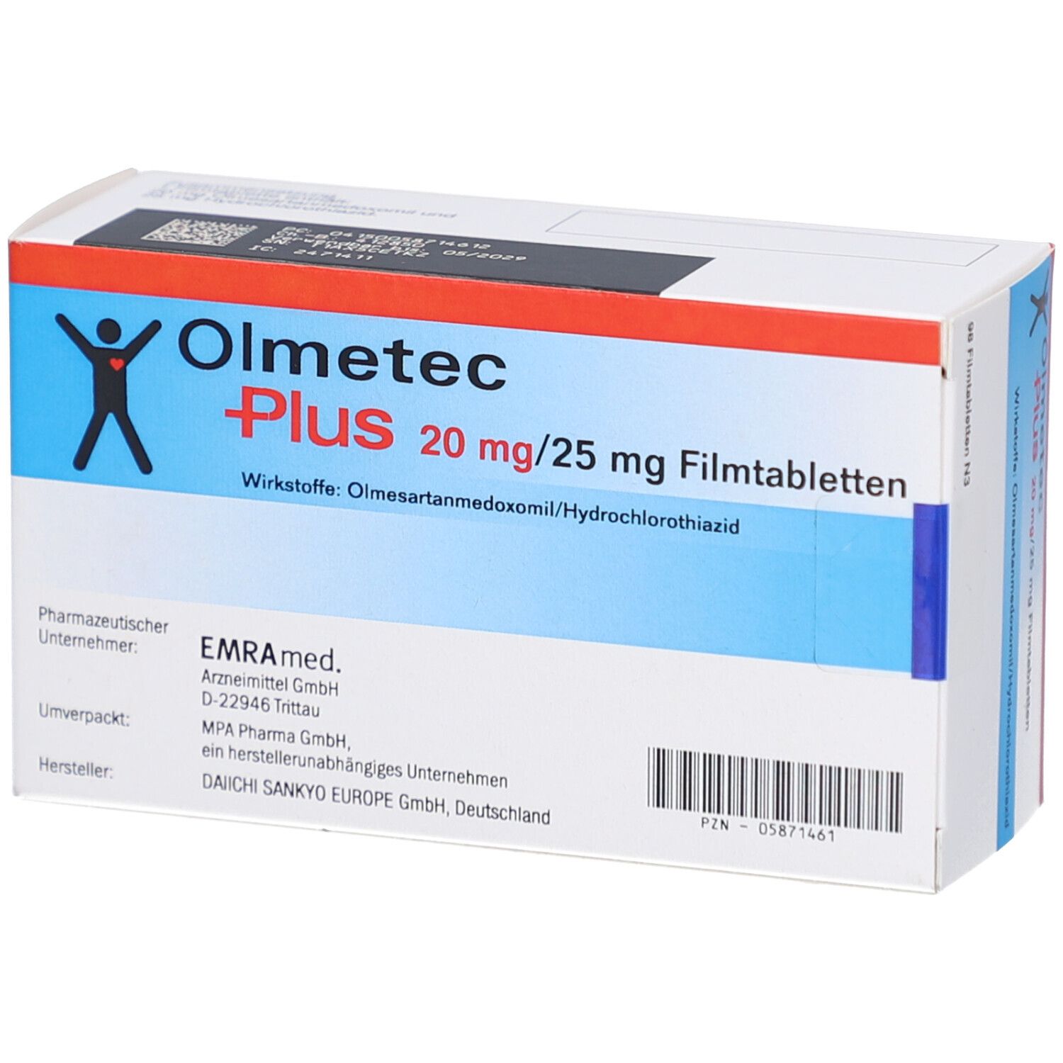 Schachtel mit OLMETEC Plus 20 mg/25 mg Filmtabletten. Aufschrift: 98 Filmtabletten N3. Wirkstoffe: Olmesartanmedoxomil/Hydrochlorothiazid. Herstellerinformationen.