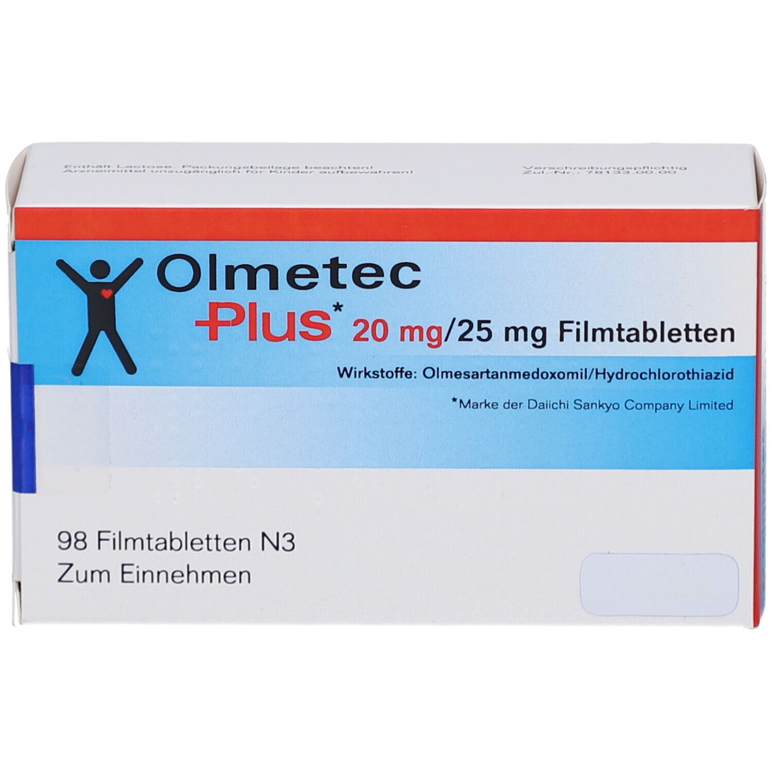 Schachtel mit OLMETEC Plus 20 mg/25 mg Filmtabletten. Aufschrift: 98 Filmtabletten N3. Zum Einnehmen. Wirkstoffe: Olmesartanmedoxomil/Hydrochlorothiazid.