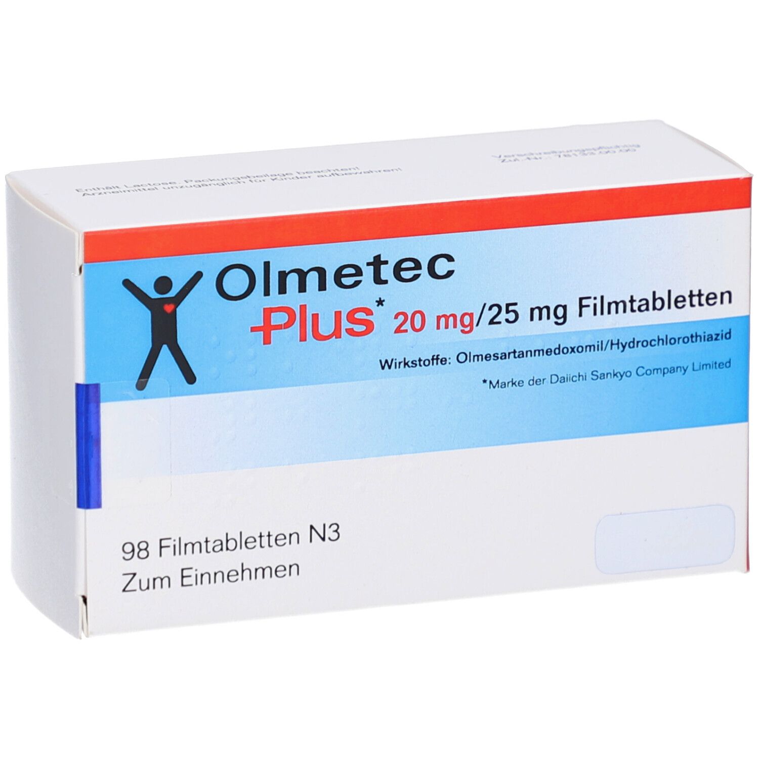 Schachtel mit OLMETEC Plus 20 mg/25 mg Filmtabletten. Aufschrift: 98 Filmtabletten N3. Zum Einnehmen. Wirkstoffe: Olmesartanmedoxomil/Hydrochlorothiazid.
