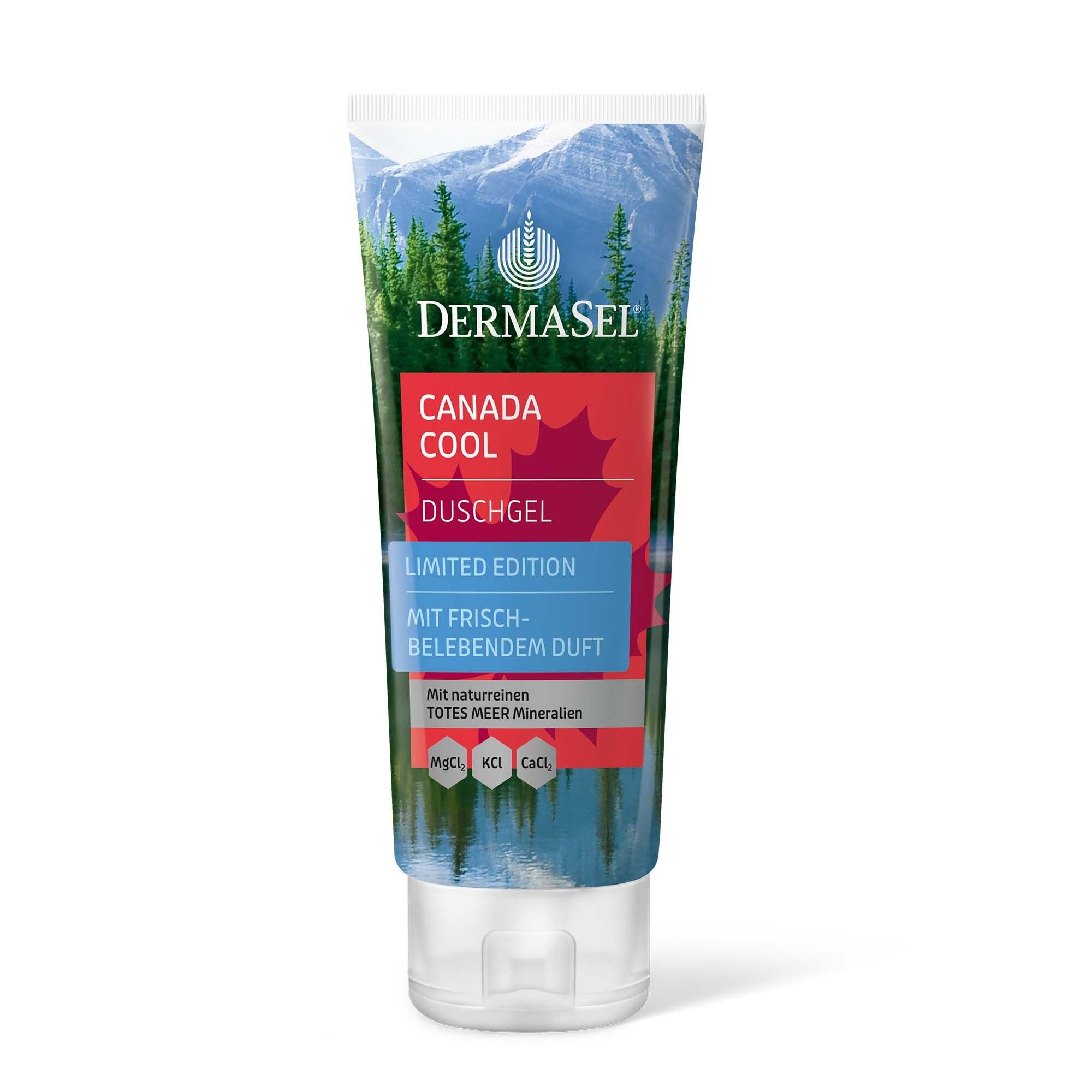 Duschgel-Tube mit Berg- und Waldmotiv. "DermaSel Canada Cool Duschgel Limited Edition".