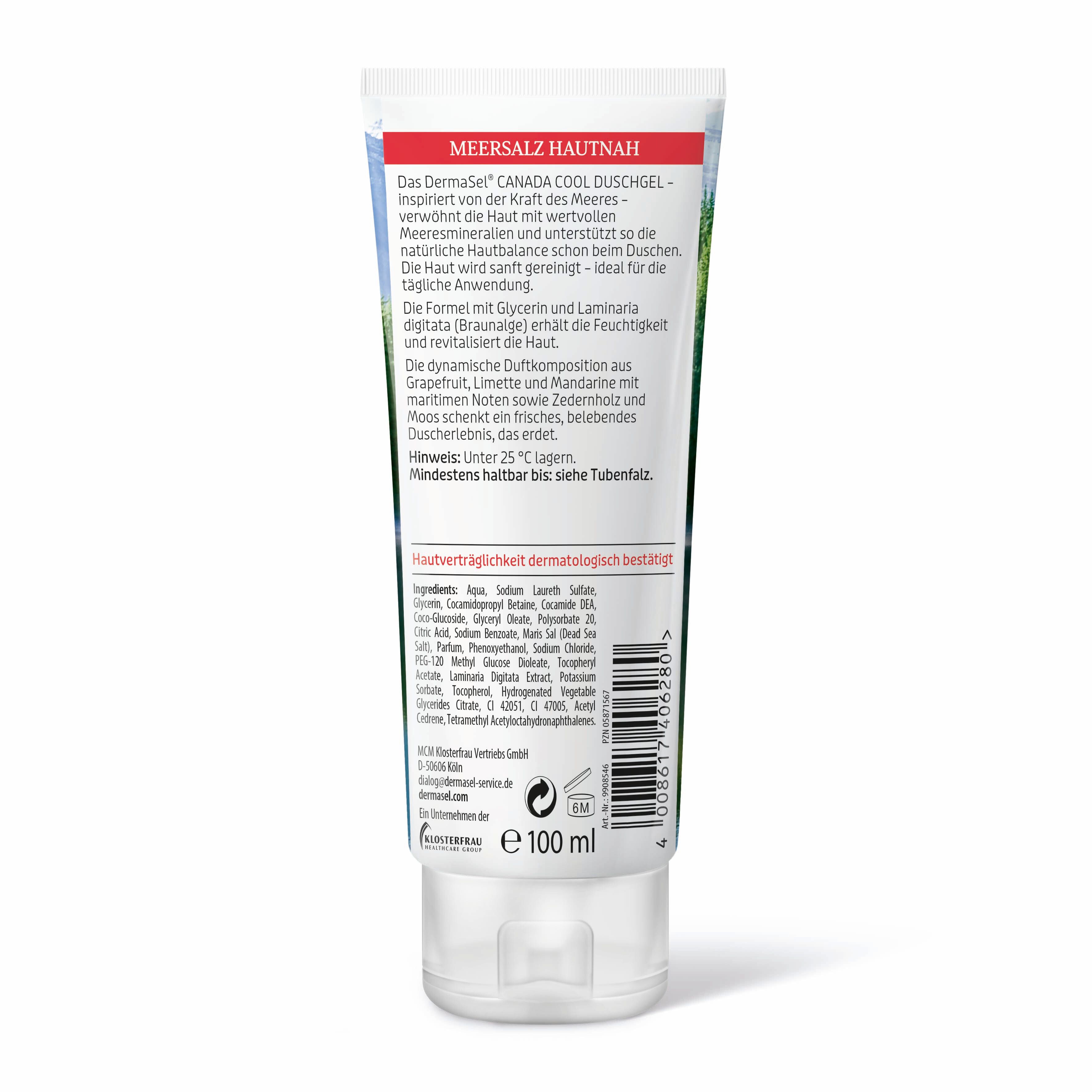 Rückseite einer Duschgel-Tube mit Produktinformationen und Inhaltsstoffen. "DermaSel Canada Cool".