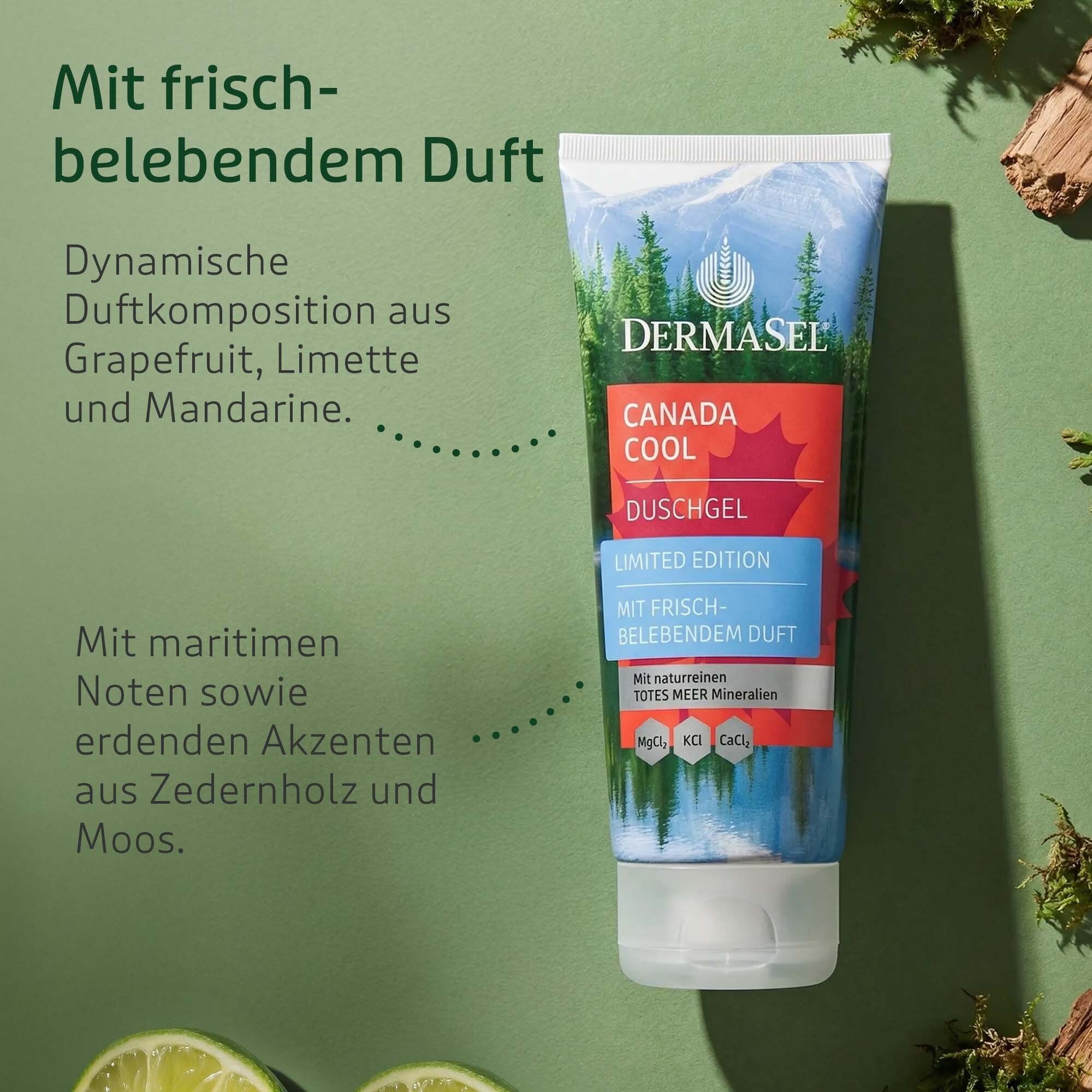 Duschgel-Tube mit Duftbeschreibung: Grapefruit, Limette, Mandarine, Zedernholz und Moos.