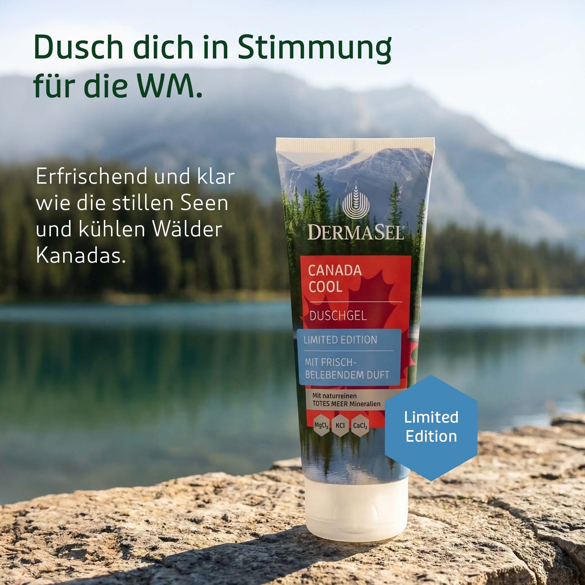 Duschgel-Tube steht am Ufer eines Sees mit Bergen im Hintergrund. "Limited Edition".