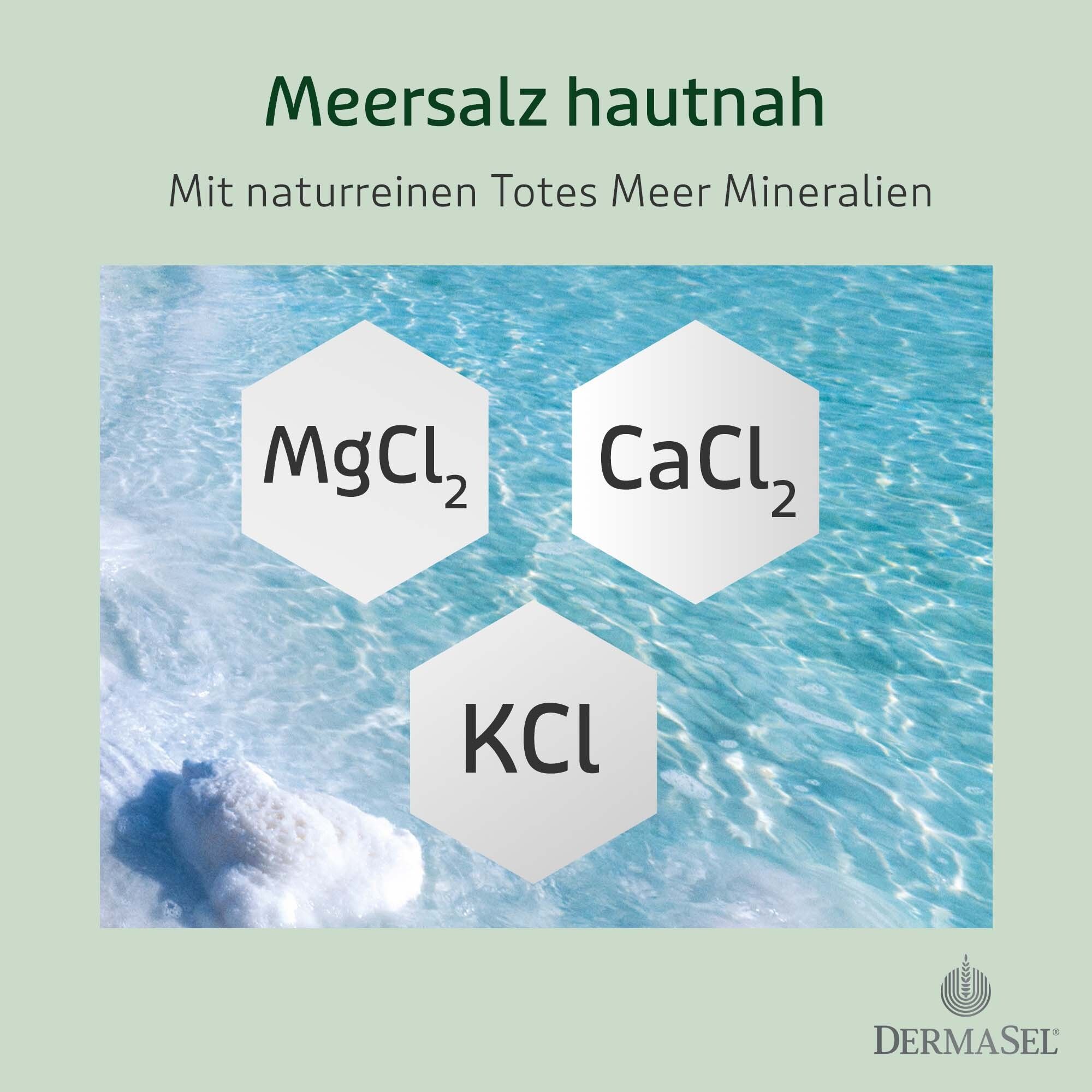 Nahaufnahme von Salzkristallen im Wasser mit chemischen Formeln: MgCl₂, CaCl₂, KCl.