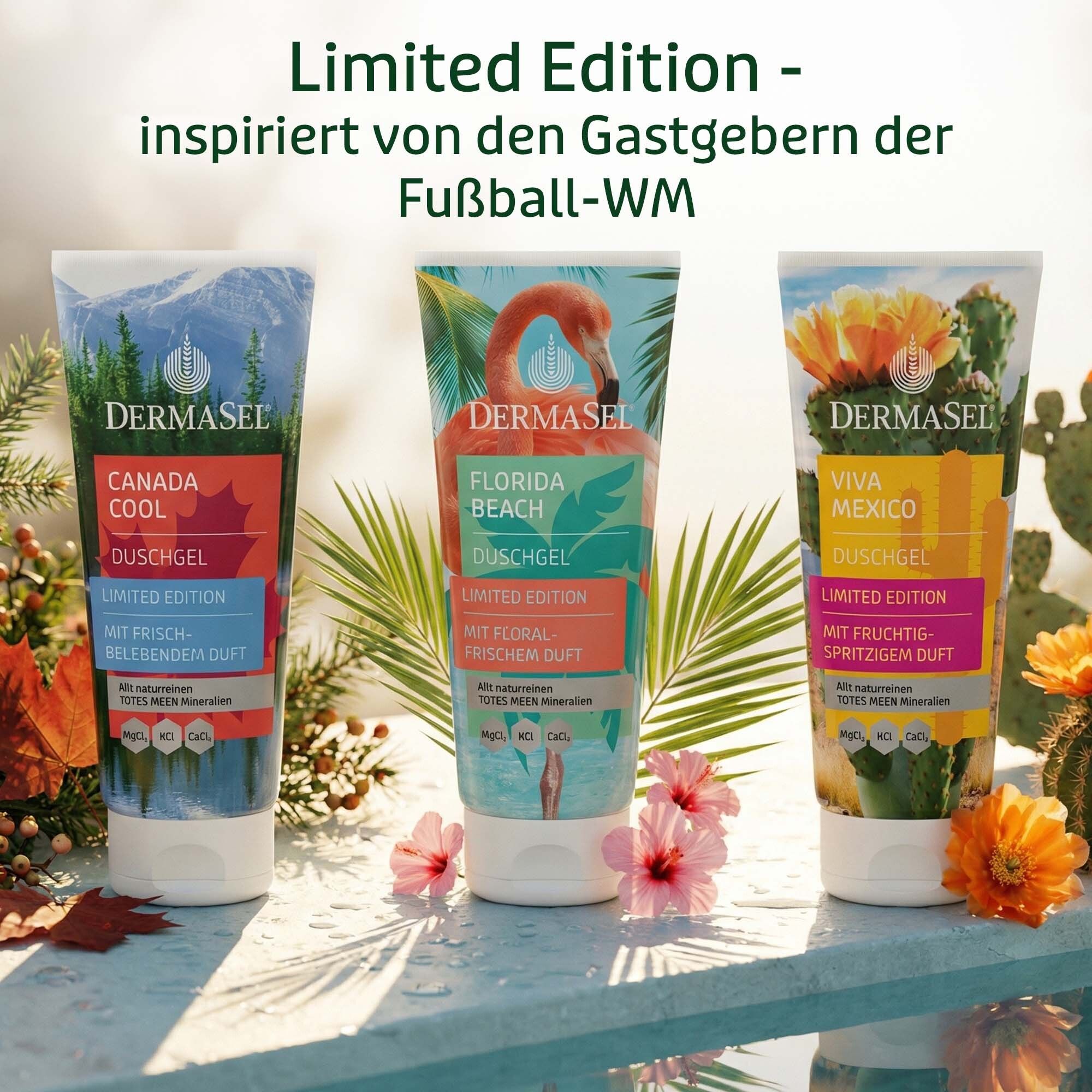 Drei limitierte Duschgel-Editionen: Canada Cool, Florida Beach, Viva Mexico.