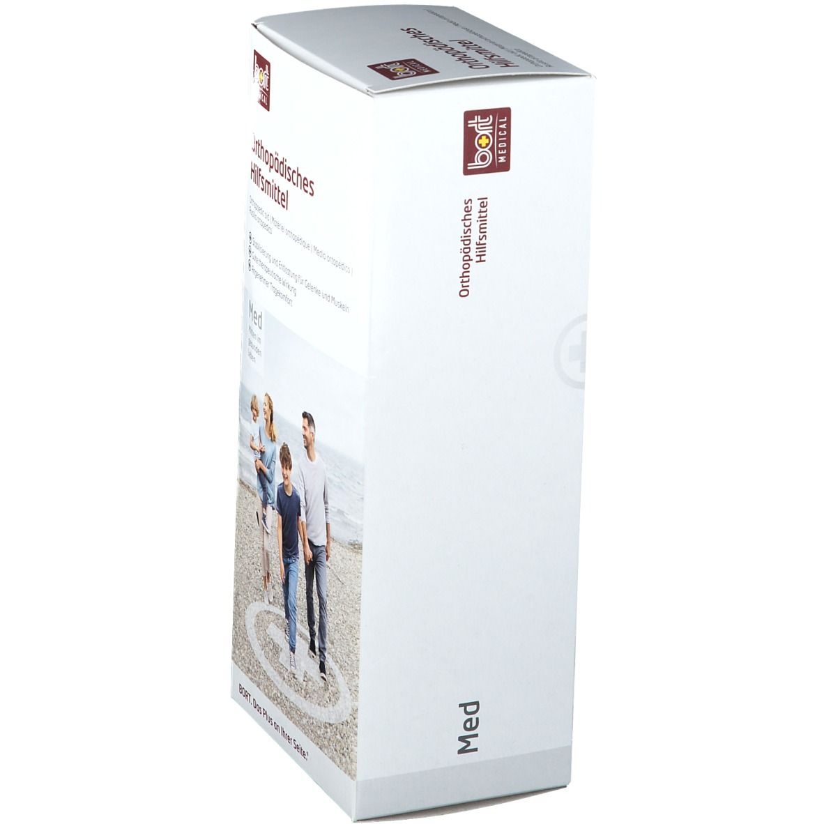 Seitenansicht der BORT MEDICAL Verpackung. Aufschrift: Orthopädisches Hilfsmittel. Logo von BORT MEDICAL. Abbildung einer Familie am Strand.