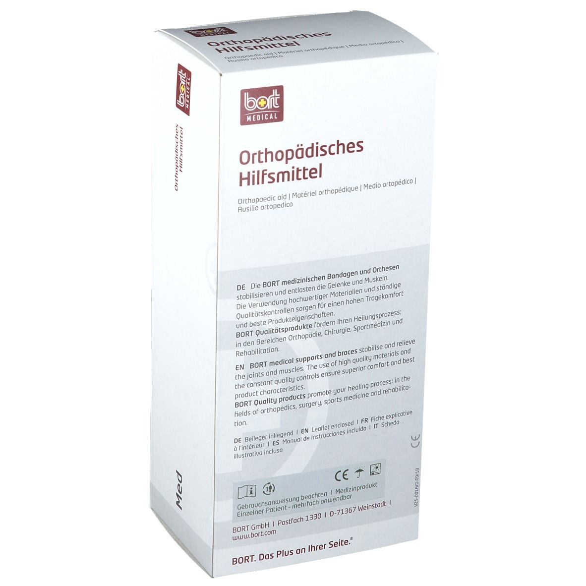 Rückseite der BORT MEDICAL Verpackung. Text in Deutsch, Englisch, Französisch. Logo von BORT MEDICAL. CE-Kennzeichnung.