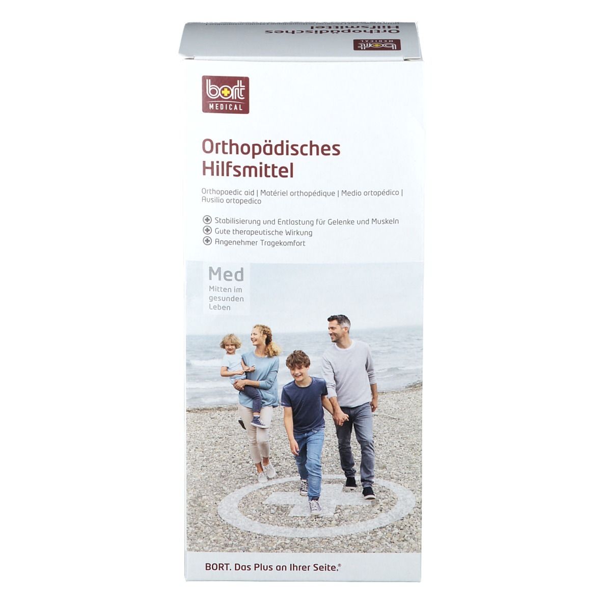 BORT MEDICAL Verpackung. Aufschrift: Orthopädisches Hilfsmittel. Abbildung einer Familie am Strand. Logo von BORT MEDICAL.