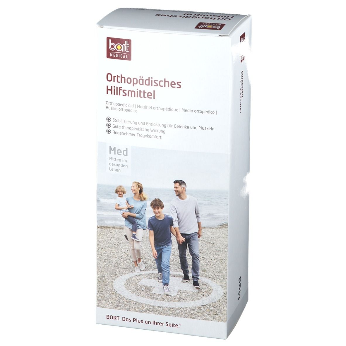 BORT MEDICAL Verpackung. Aufschrift: Orthopädisches Hilfsmittel. Abbildung einer Familie am Strand. Logo von BORT MEDICAL.