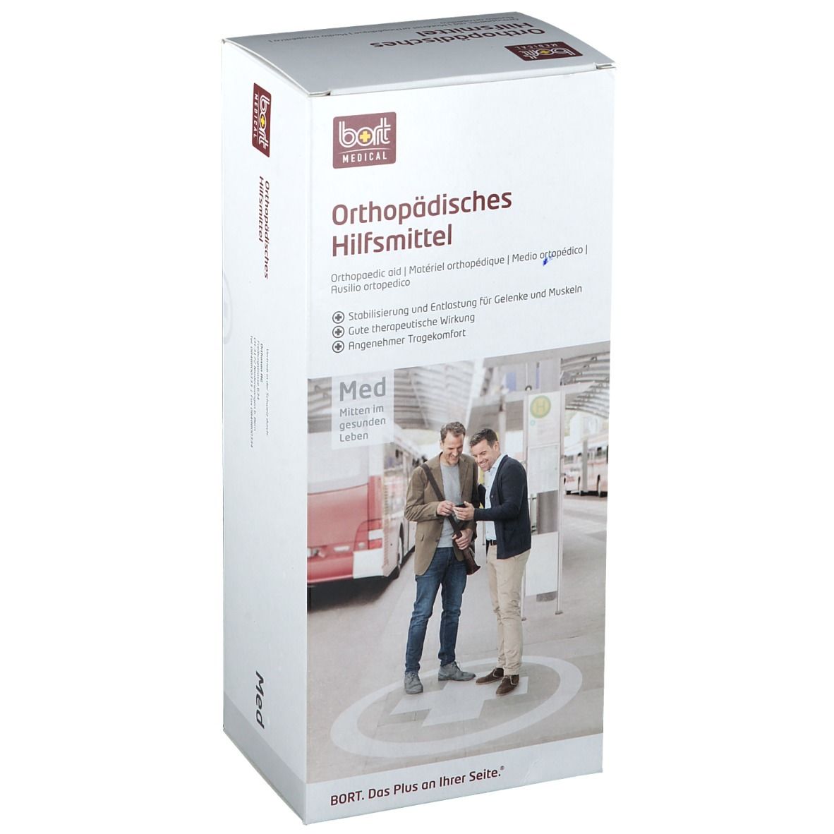 Verpackung mit Produktinformationen. Aufschrift: Orthopädisches Hilfsmittel. BORT MEDICAL Logo. Abbildung von zwei Personen.