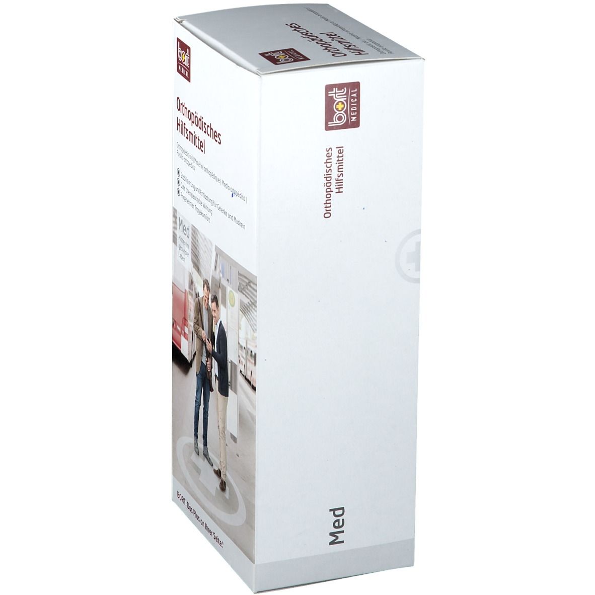 Weiße Verpackung mit Produktinformationen. Aufschrift: Orthopädisches Hilfsmittel. BORT MEDICAL Logo. Seitenansicht.