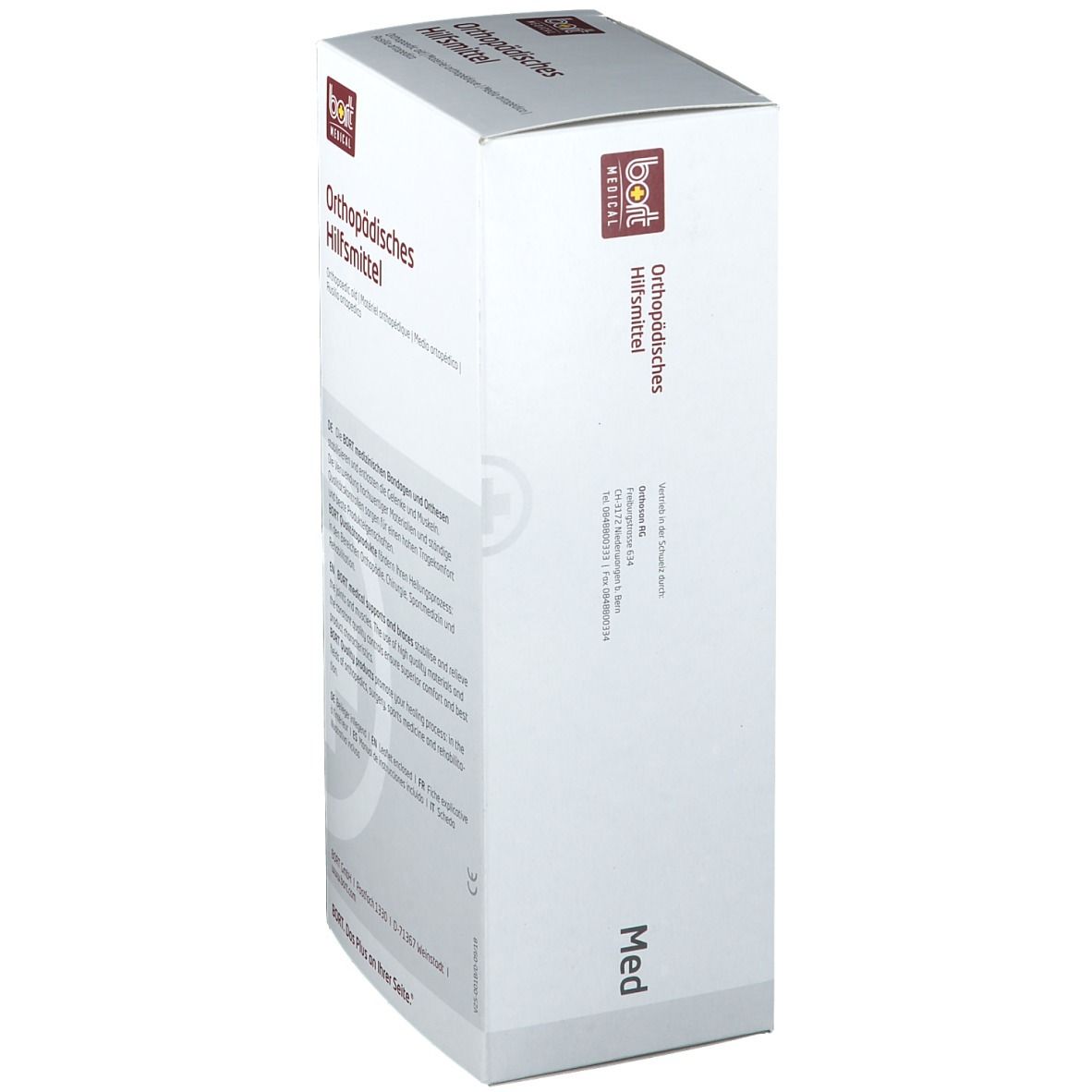 Weiße Verpackung mit Produktinformationen. Aufschrift: Orthopädisches Hilfsmittel. BORT MEDICAL Logo. Seitenansicht mit Text.